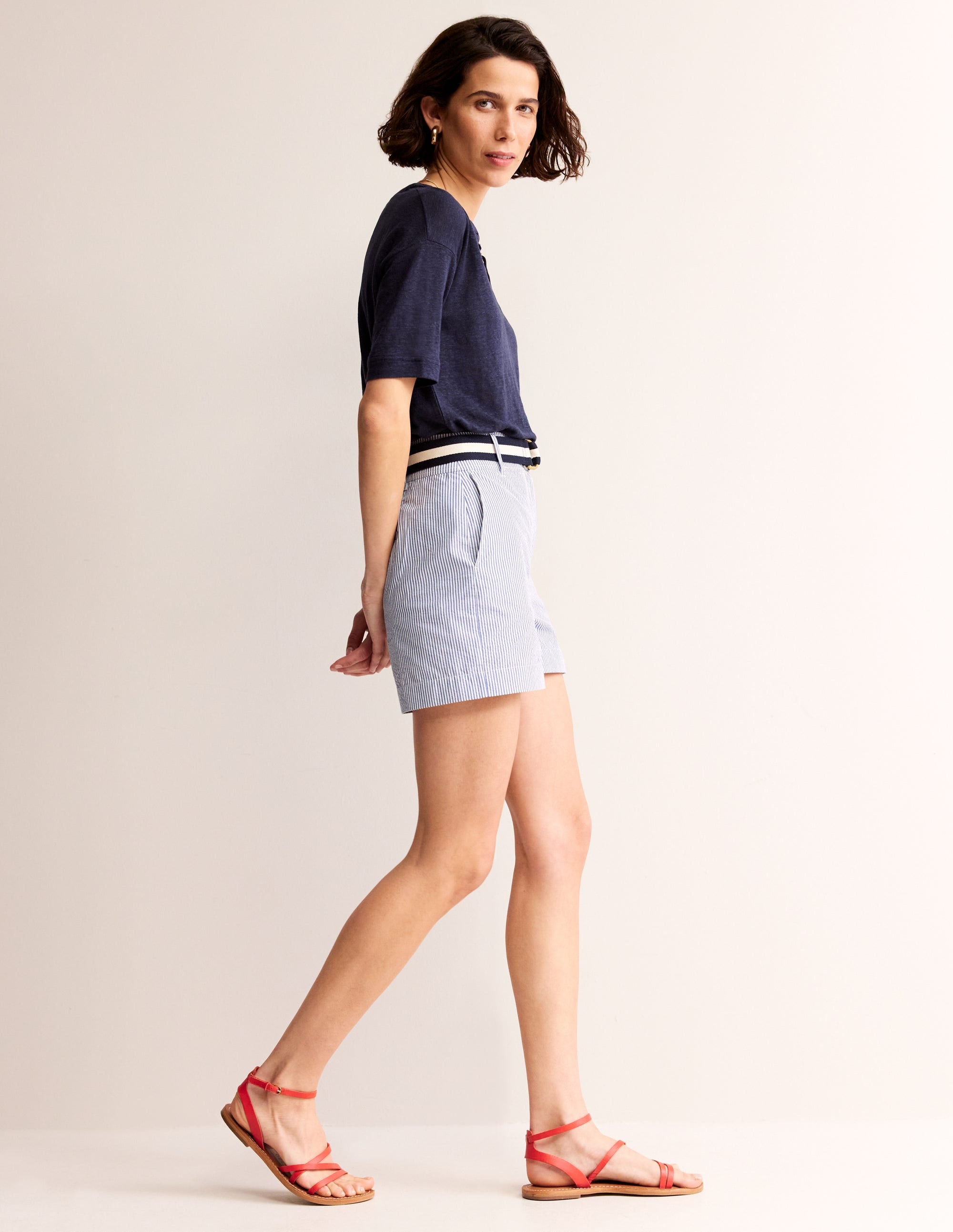 Notch Neck Linen Henley Top-Navy - Image 4
