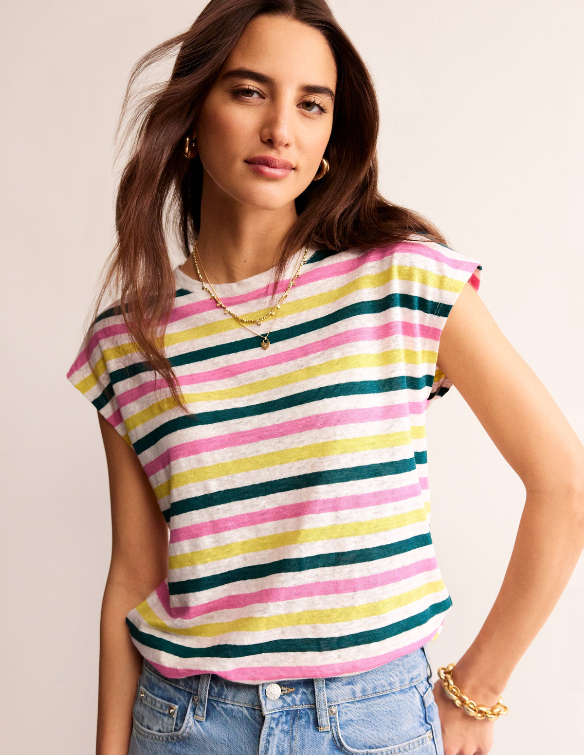 Louisa Crew Neck Linen T-shirt-Multi Stripe-1