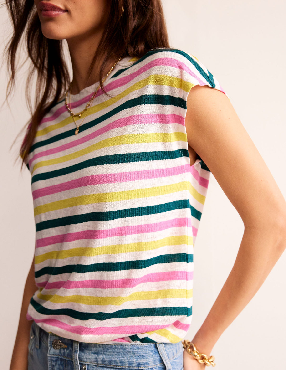 Louisa Crew Neck Linen T-shirt-Multi Stripe - Image 2