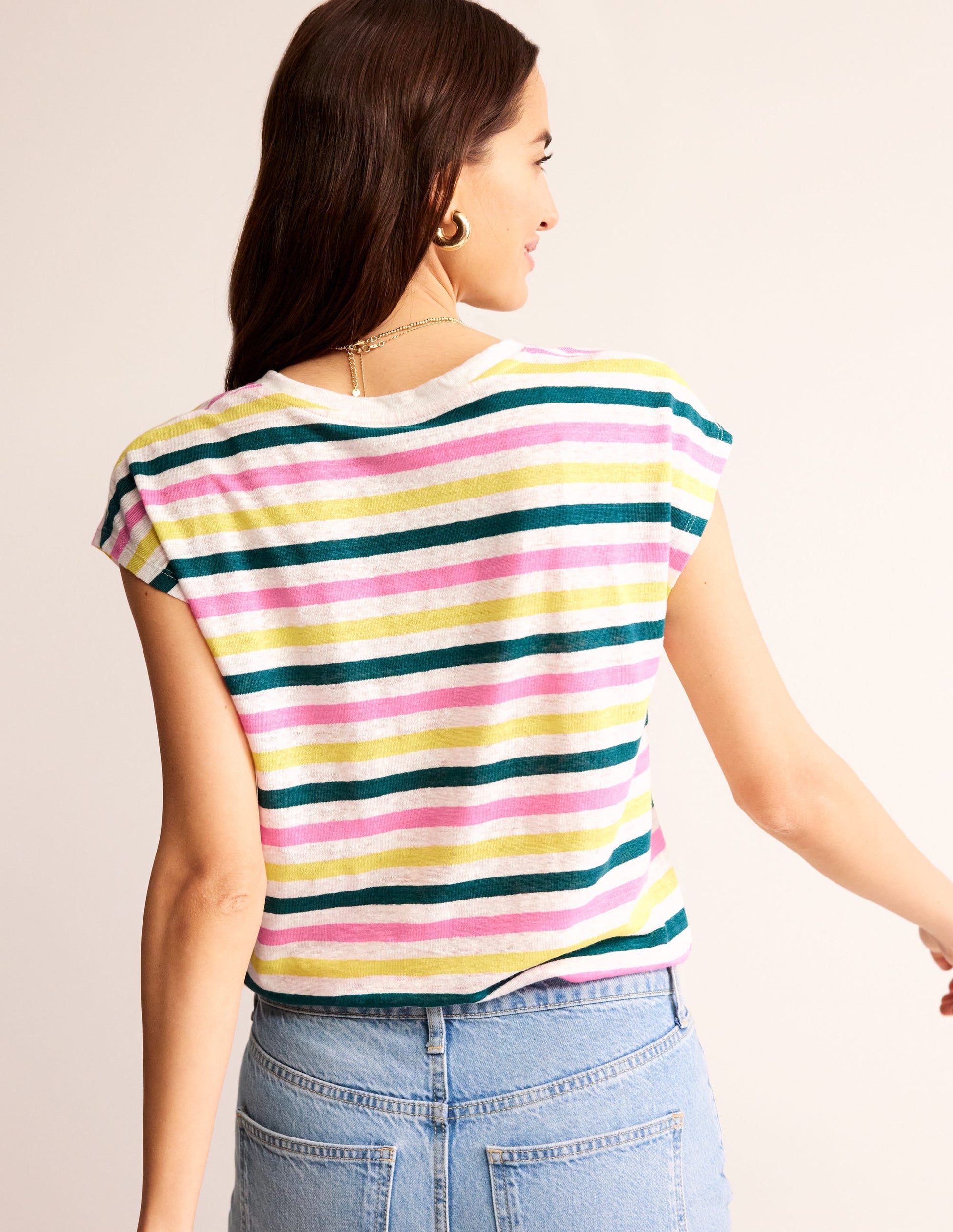 Louisa Crew Neck Linen T-shirt-Multi Stripe-3