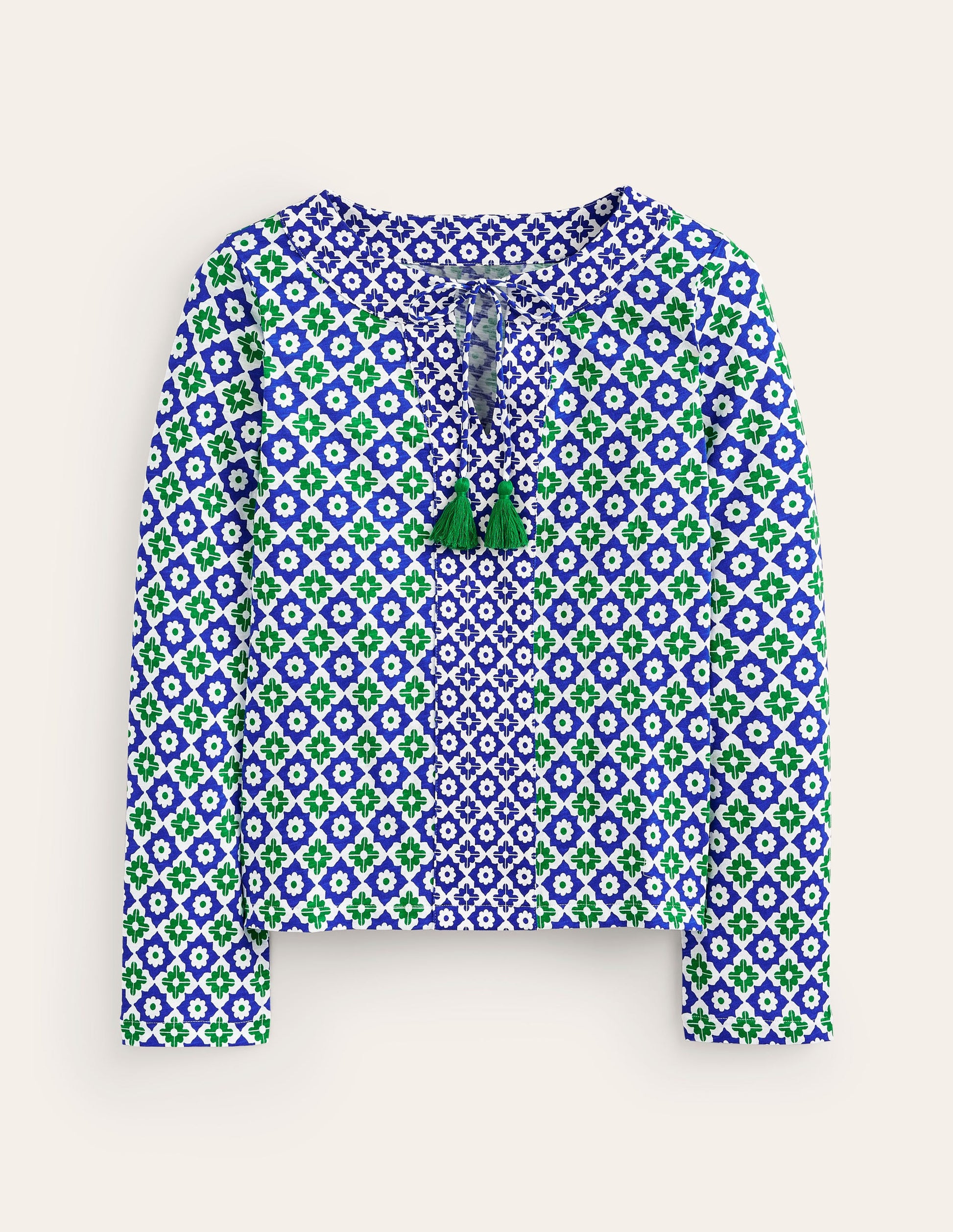 Printed Tie Neck Top-Green Tambourine, Geometric-5