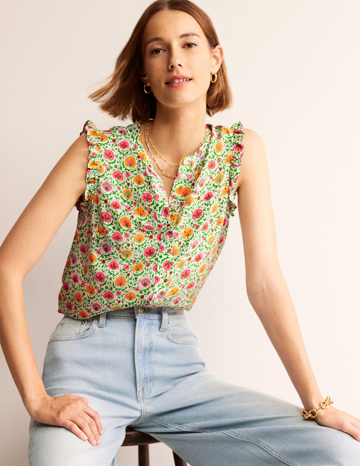 Alicia Button Down Top-Green, Enchanting Bloom - Image 1
