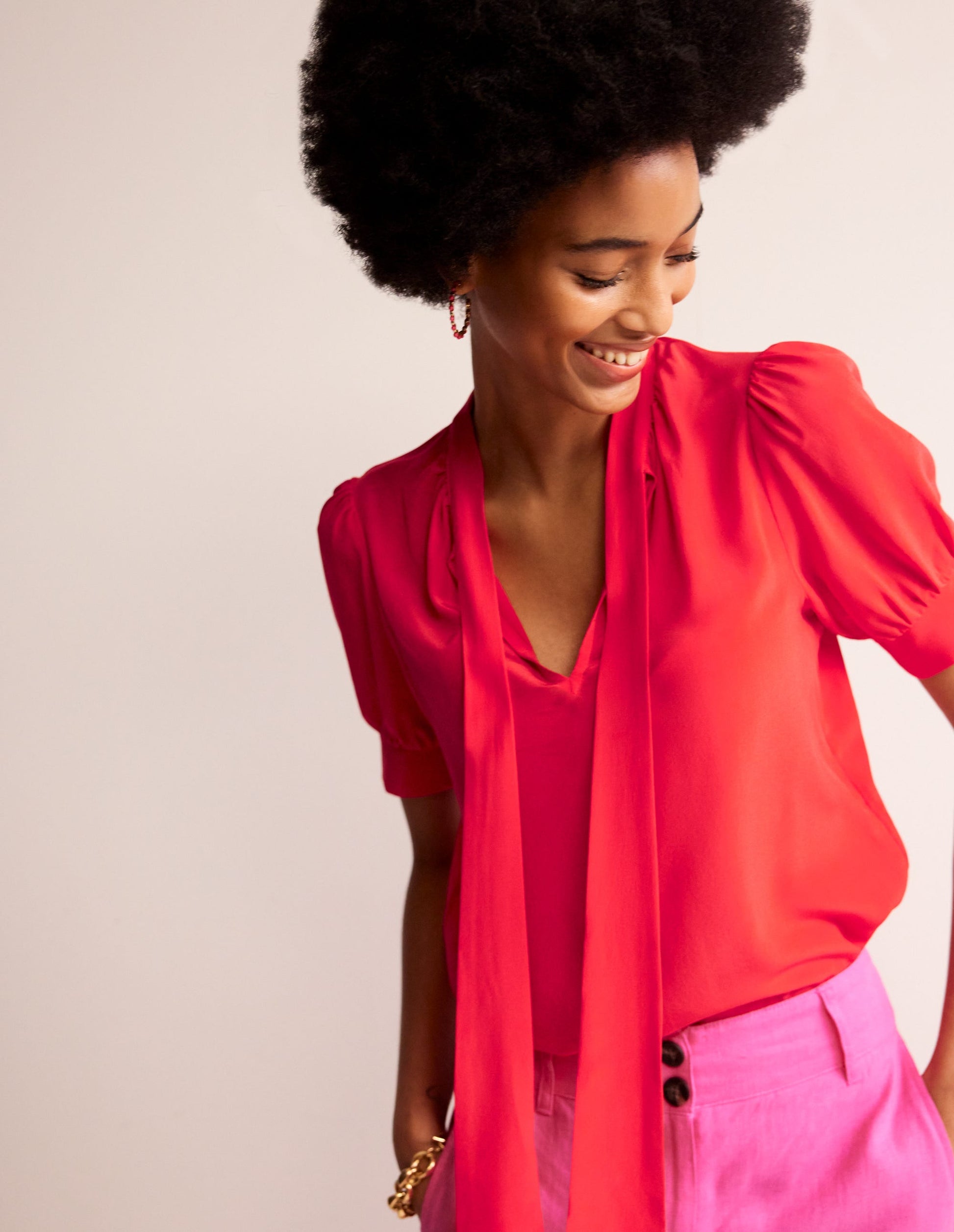 Pussy-Bow Silk Blouse-Flame Scarlet-1