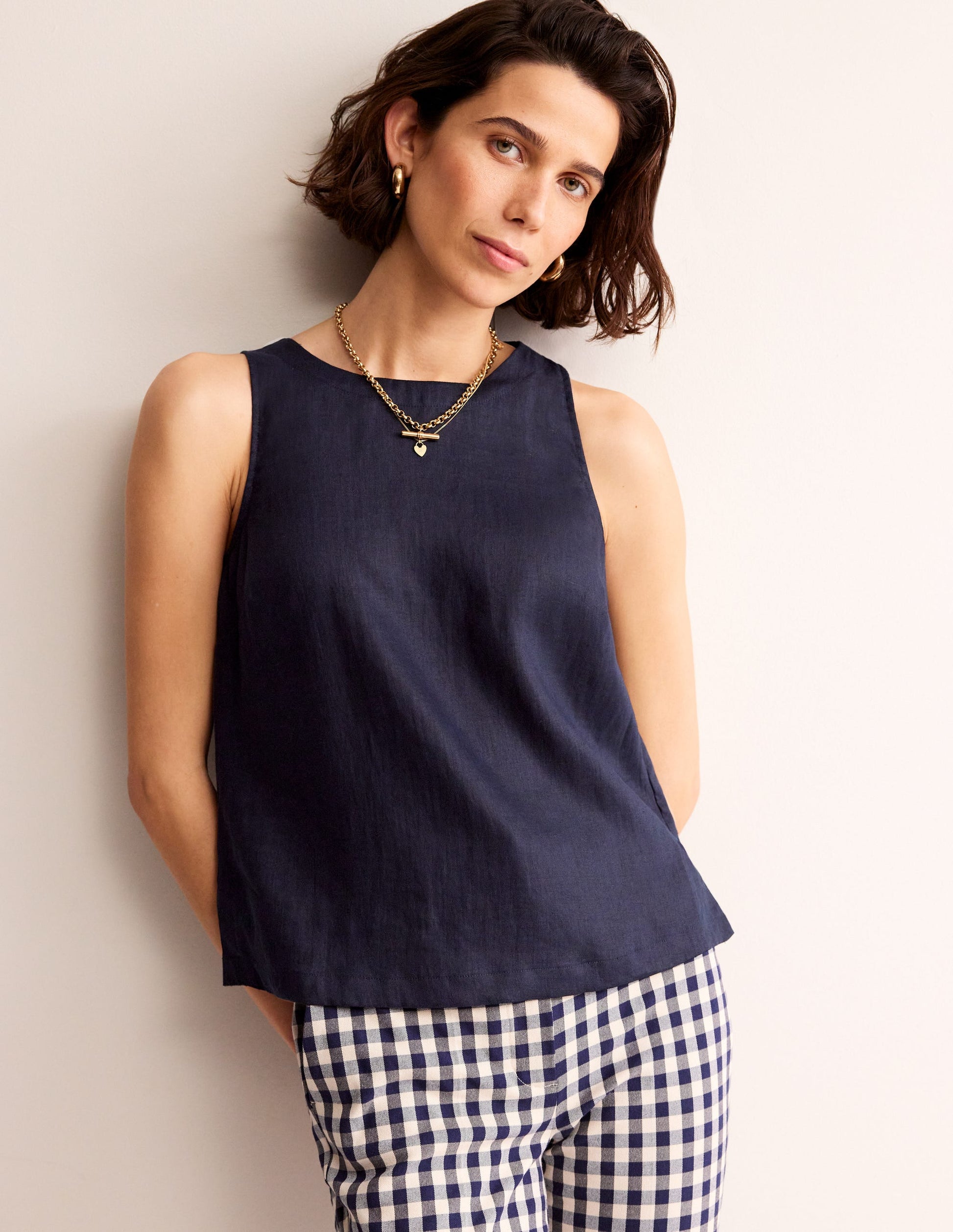 Linen Sleeveless Shell Top-Navy-1