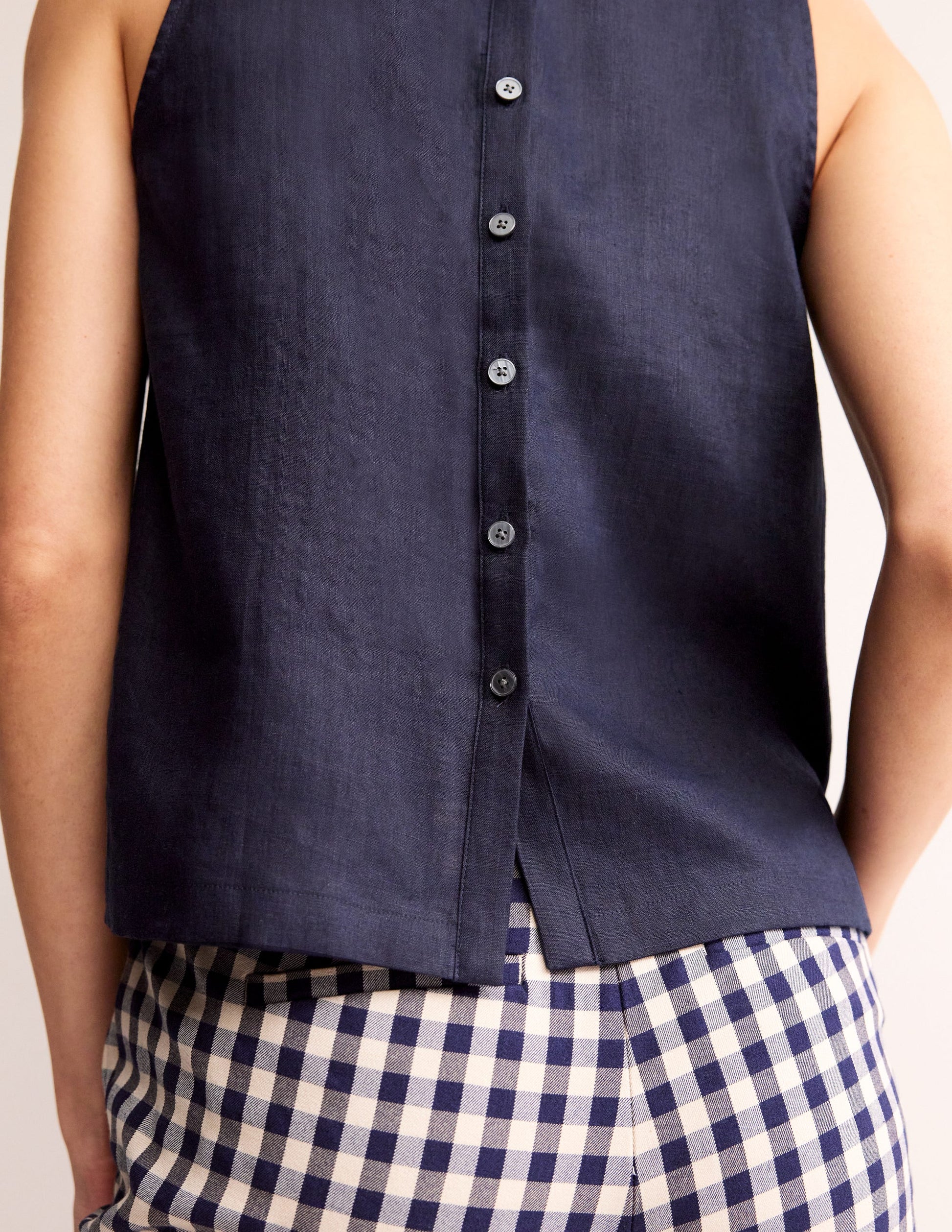 Linen Sleeveless Shell Top-Navy-2