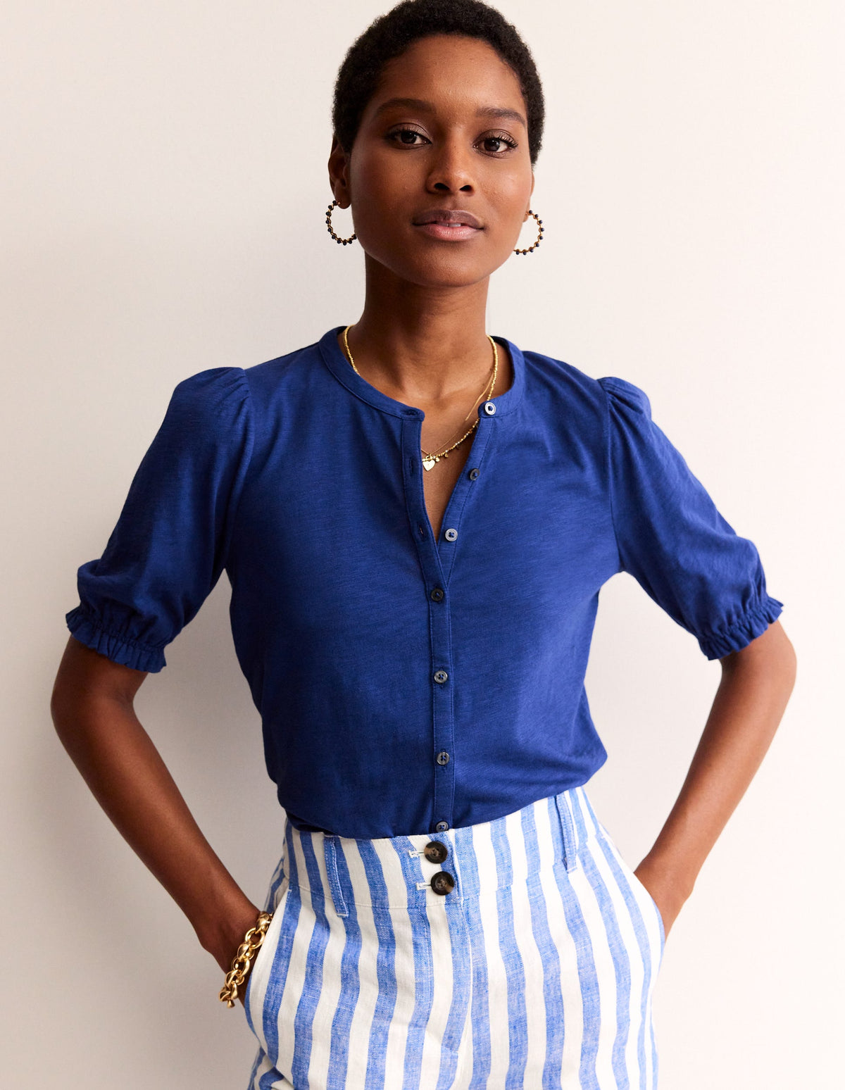 Dolly Puff Sleeve Jersey Shirt-Navy Peony-1