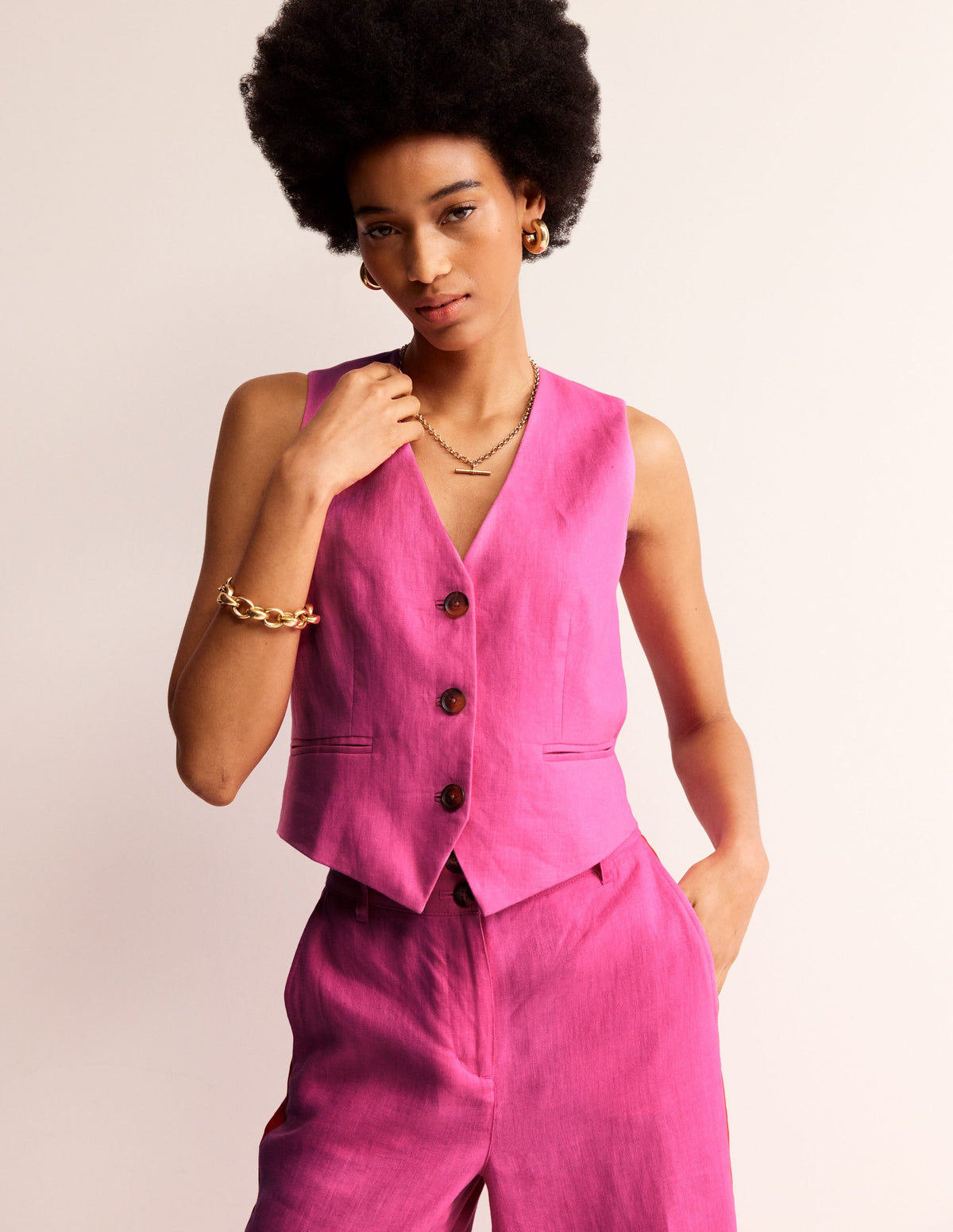 Linen V-Neck Waistcoat-Pop Pansy - Image 1