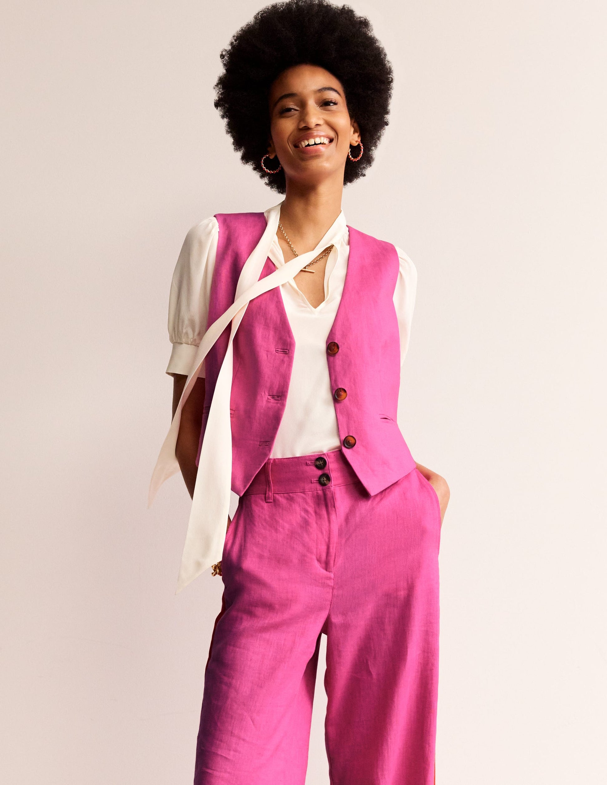 Linen V-Neck Waistcoat-Pop Pansy-4
