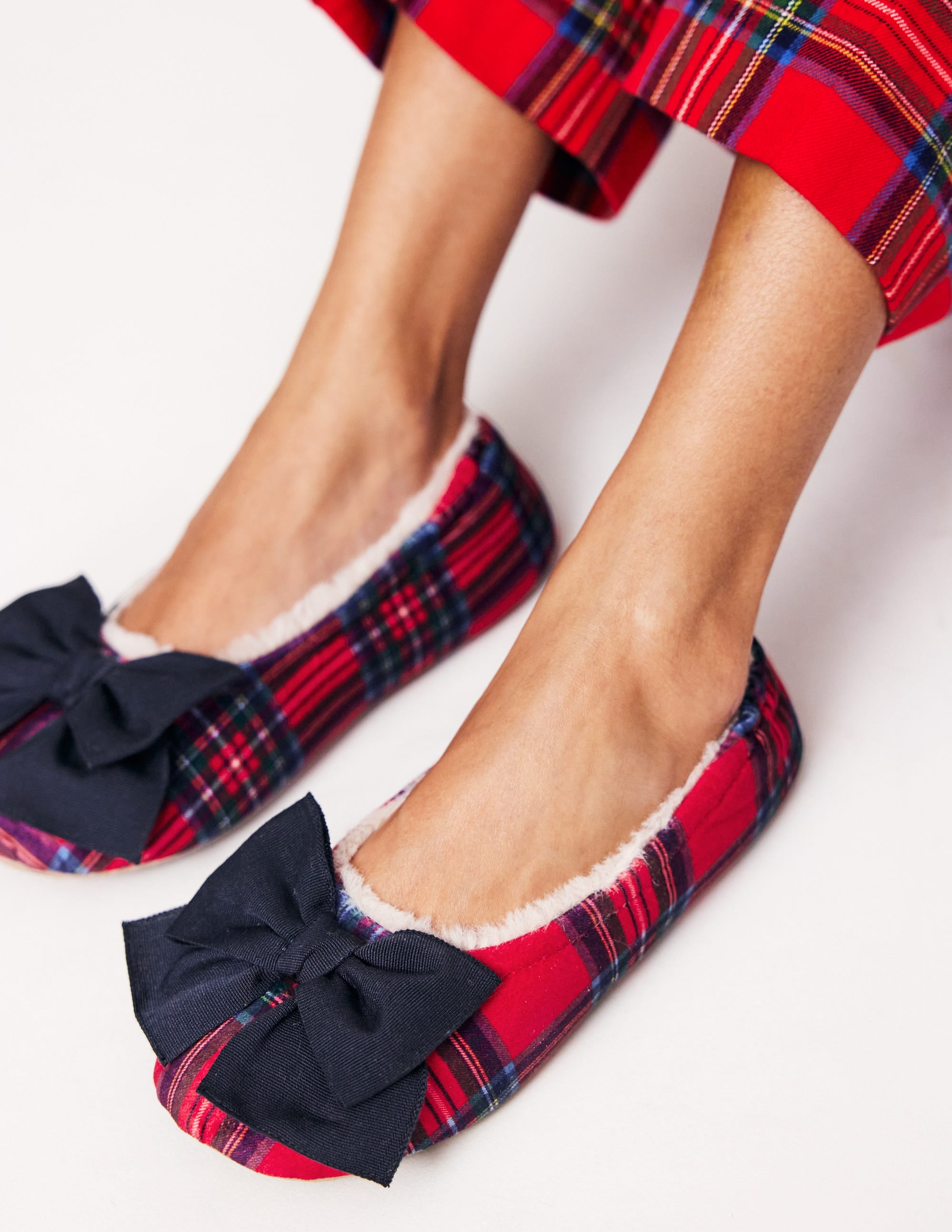 Bow Slippers-Red and Blue Check - Image 1