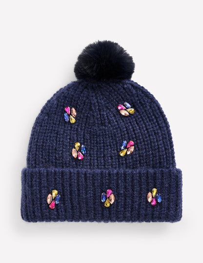 Jewelled Knitted Hat-Navy-2