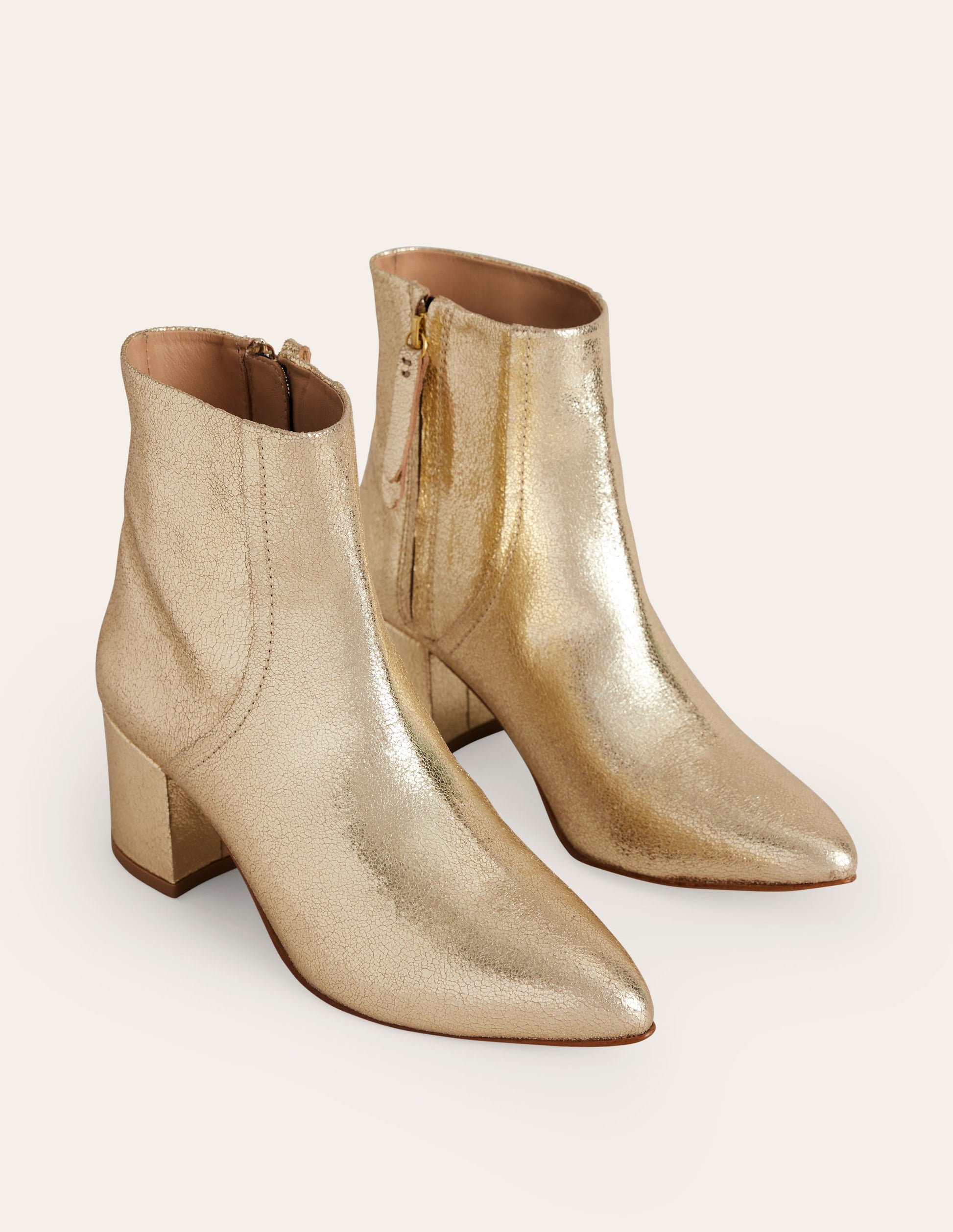 Block Heel Leather Ankle Boots-Gold-3
