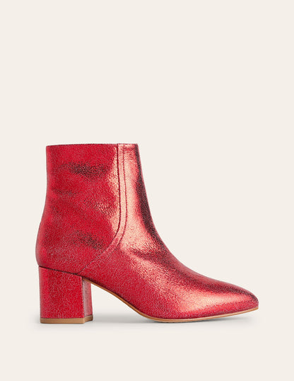 Block Heel Leather Ankle Boots-Red Metallic Leather-2