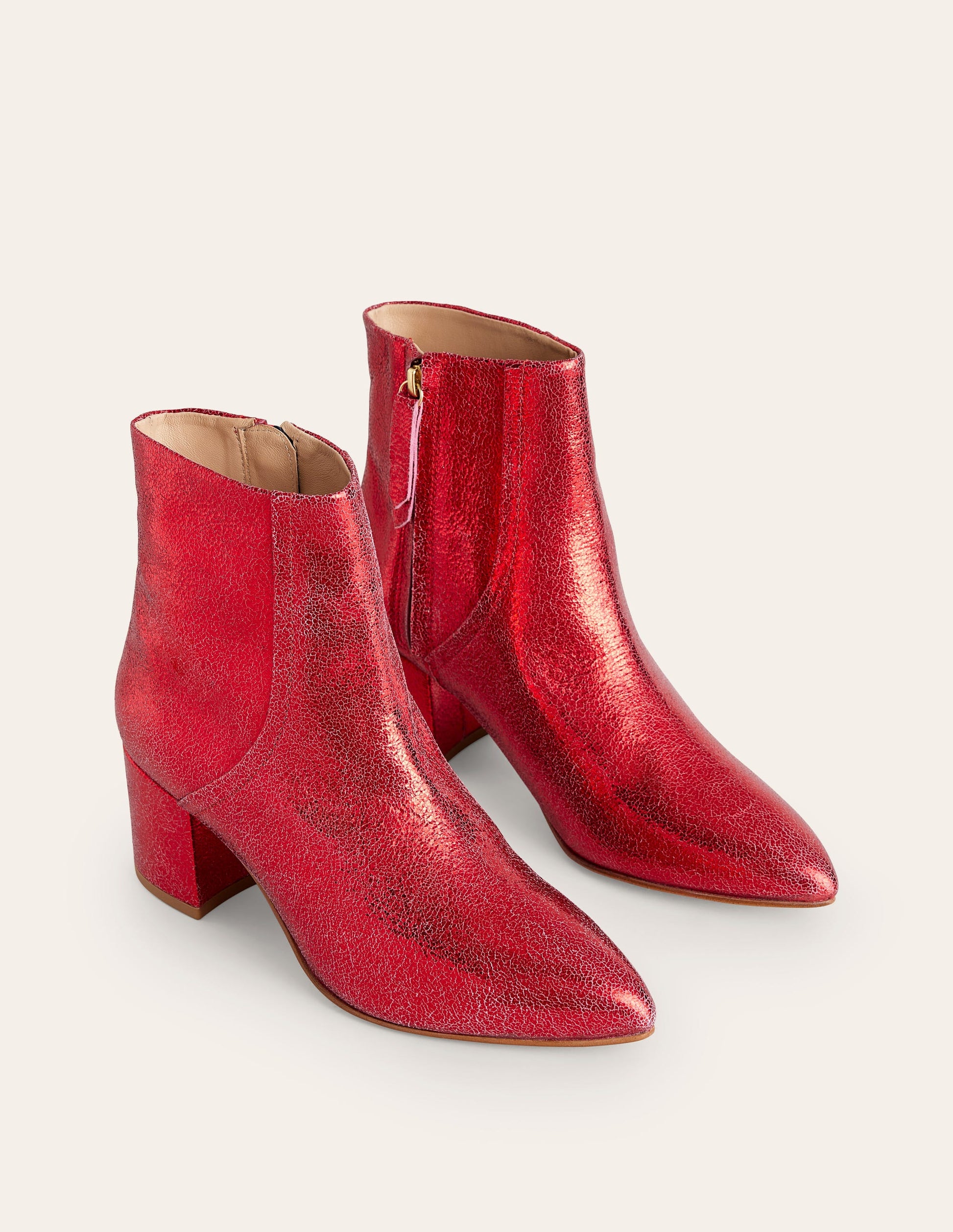 Block Heel Leather Ankle Boots-Red Metallic Leather-3