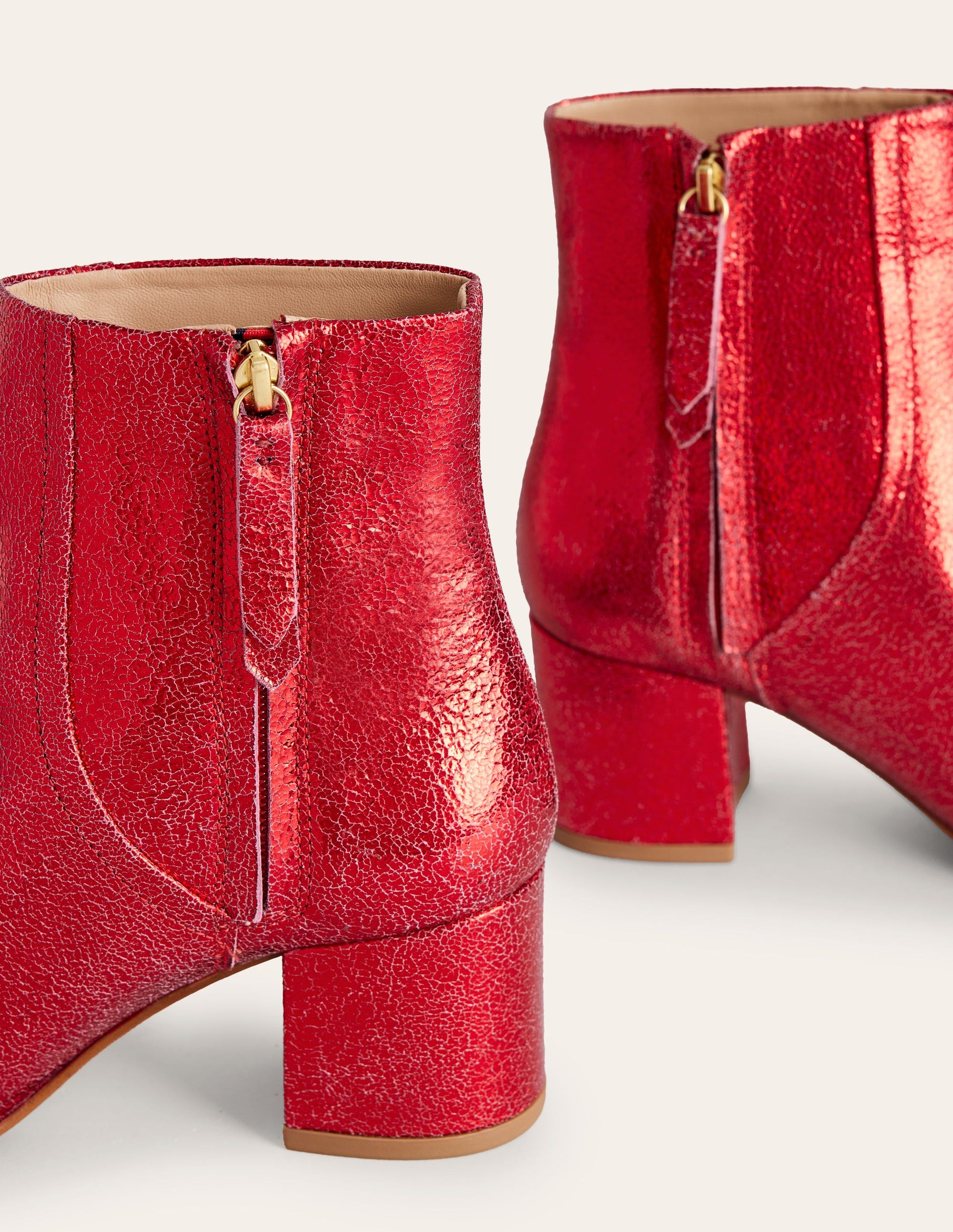 Block Heel Leather Ankle Boots-Red Metallic Leather-4
