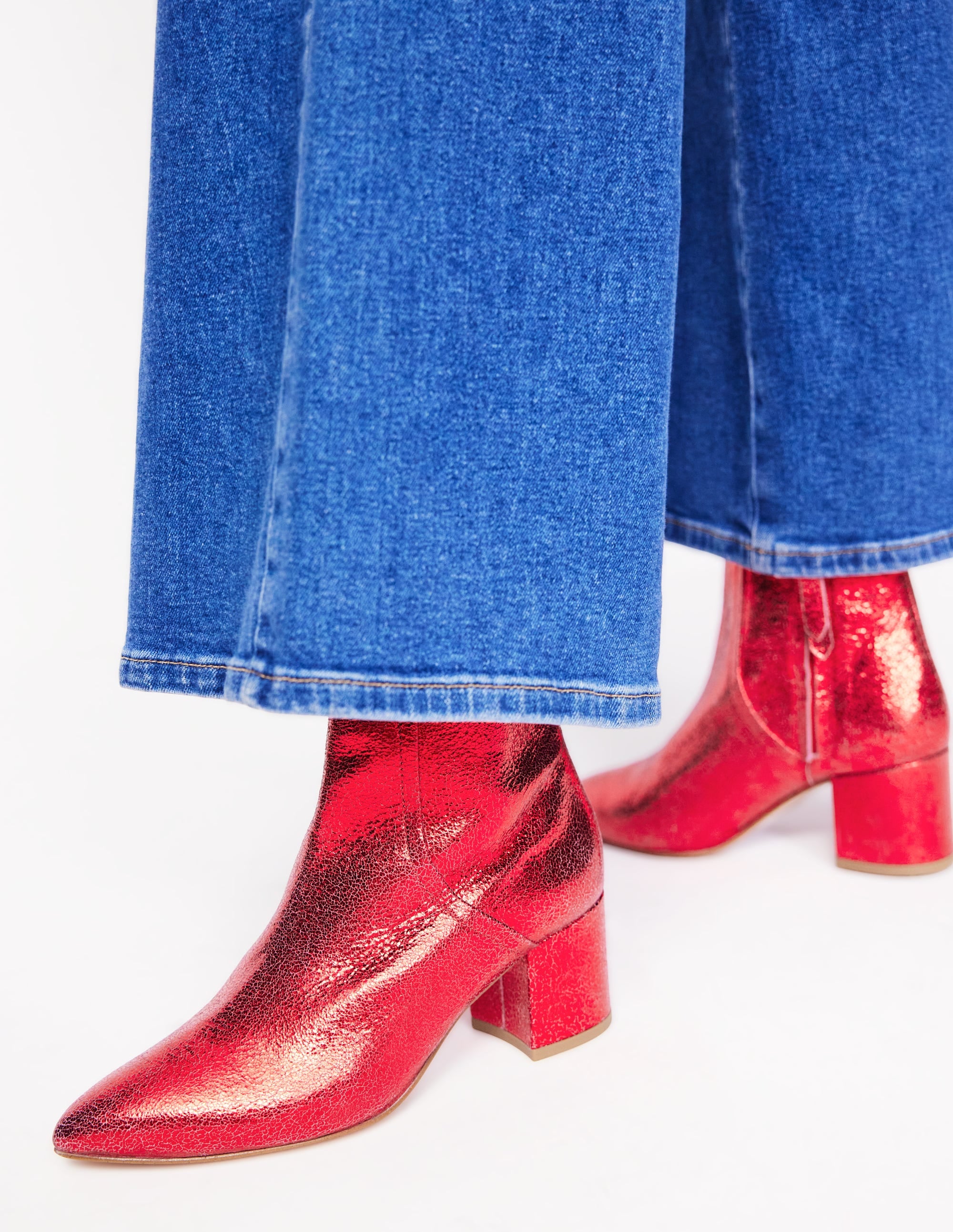 Block Heel Leather Ankle Boots-Red Metallic Leather - Image 1
