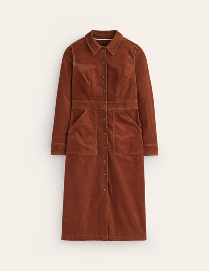 Flora Cord Midi Shirt Dress-Cognac-5