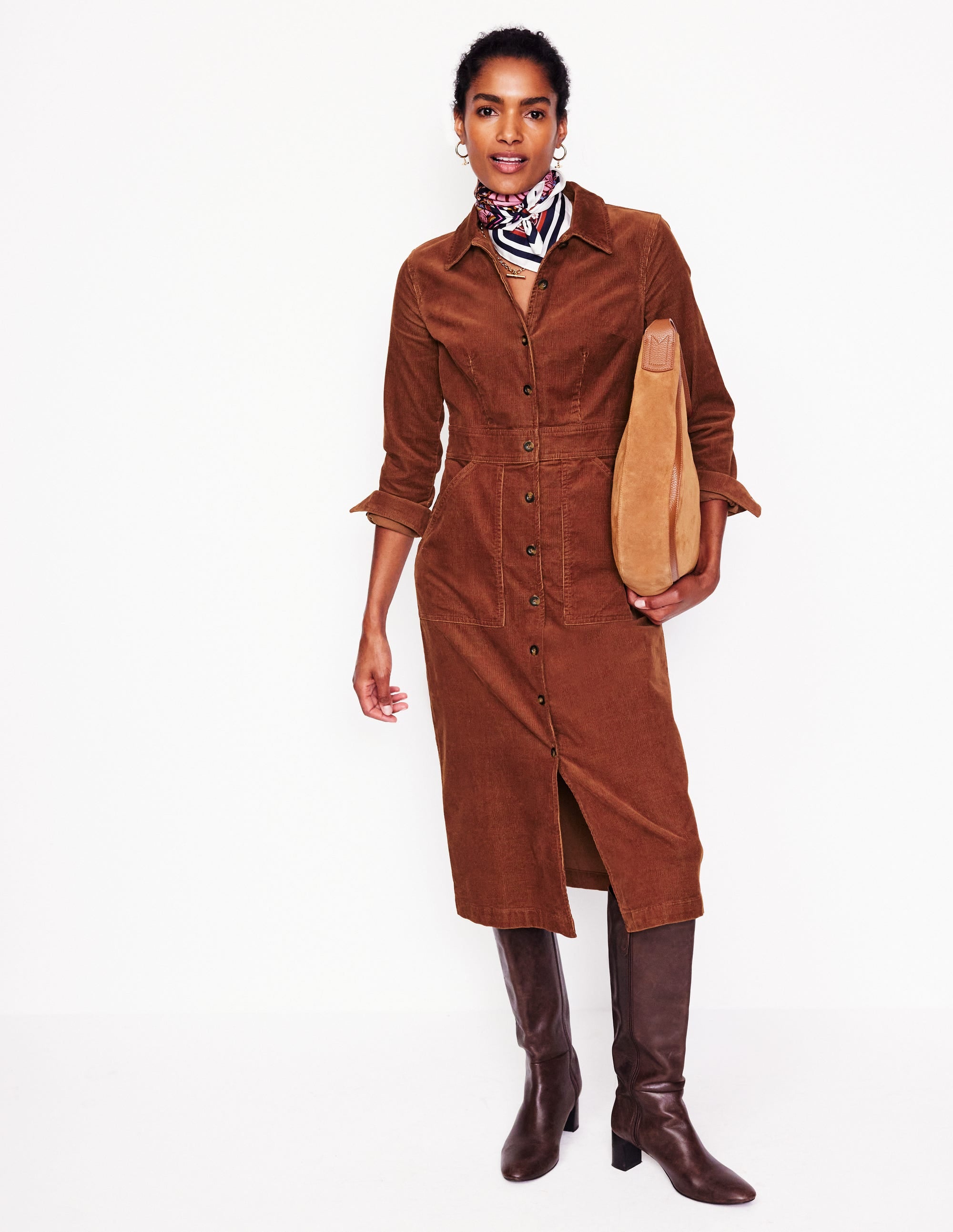 Flora Cord Midi Shirt Dress-Cognac - Image 1