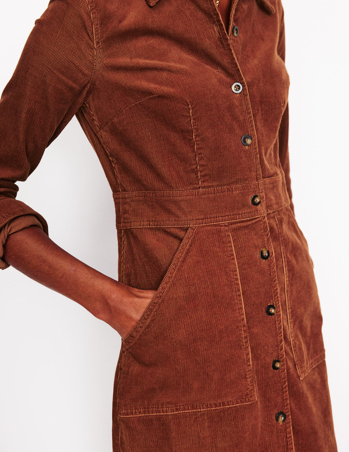 Flora Cord Midi Shirt Dress-Cognac - Image 2