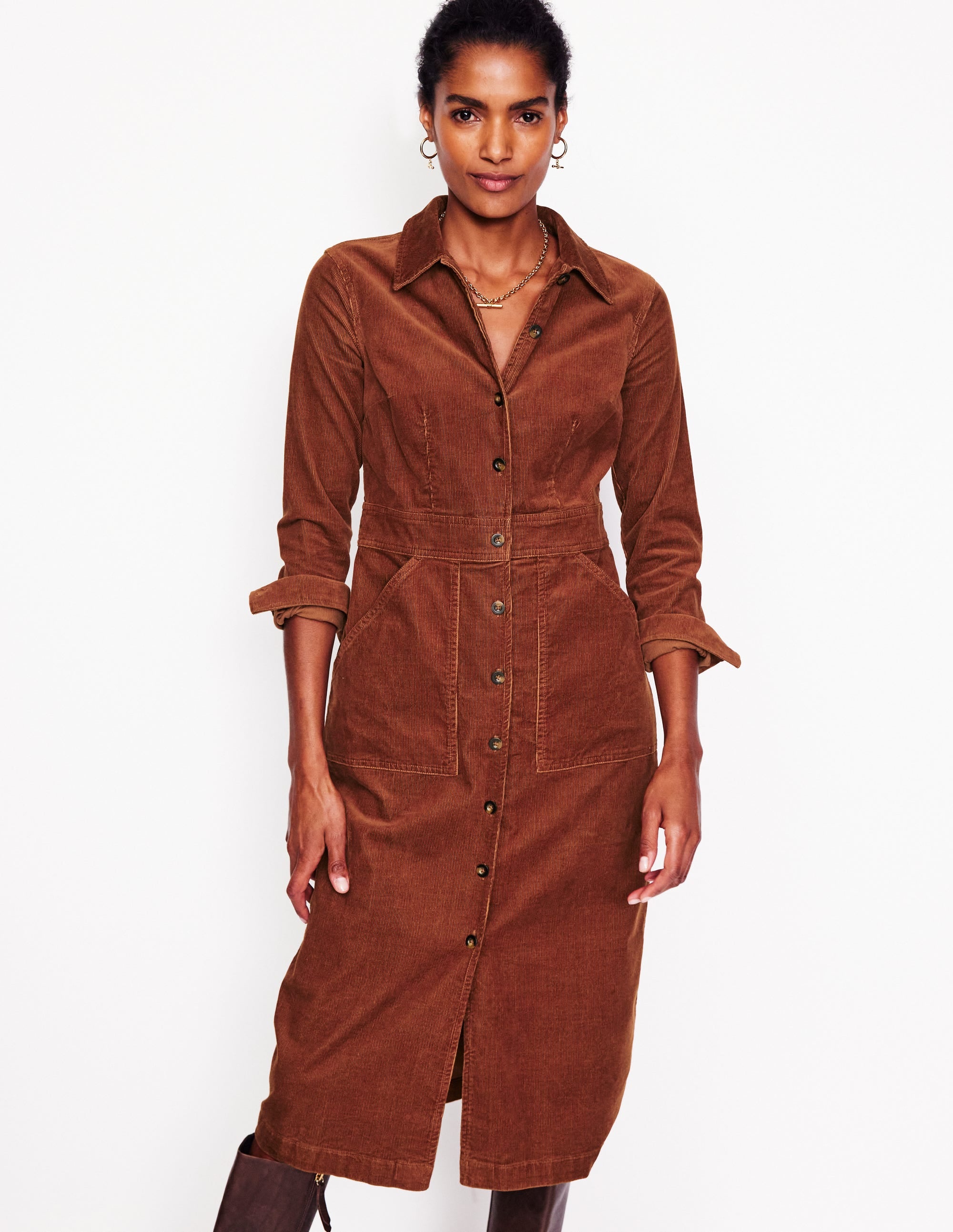 Flora Cord Midi Shirt Dress-Cognac - Image 4