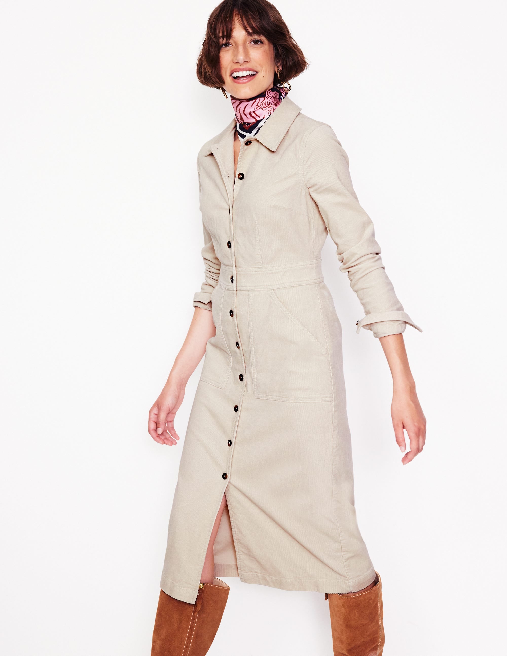 Flora Cord Midi Shirt Dress-Almond Peach - Image 1