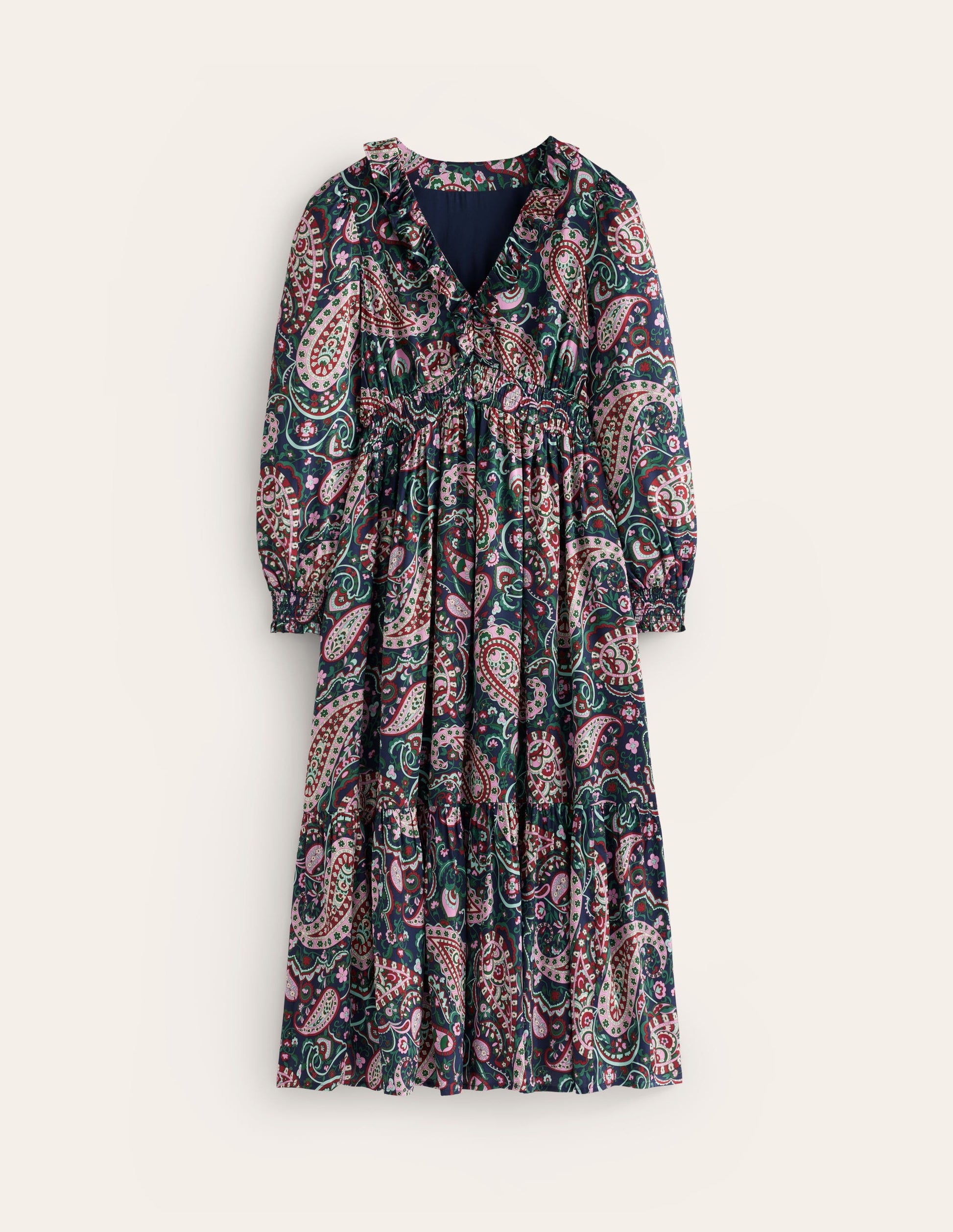 Shirred Ruffle Midi Dress-Mauve Mist, Paisley Paradise-6