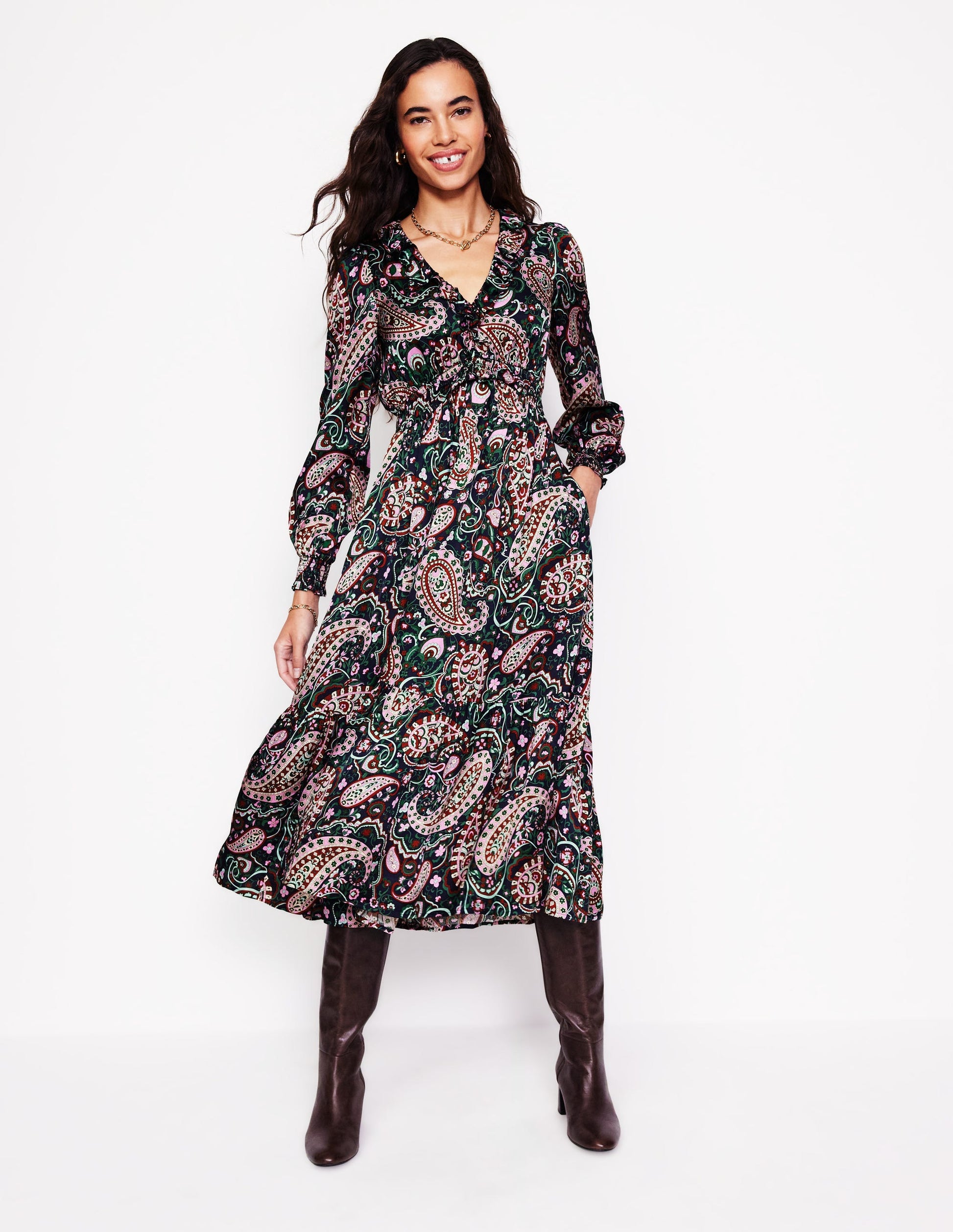 Shirred Ruffle Midi Dress-Mauve Mist, Paisley Paradise-1