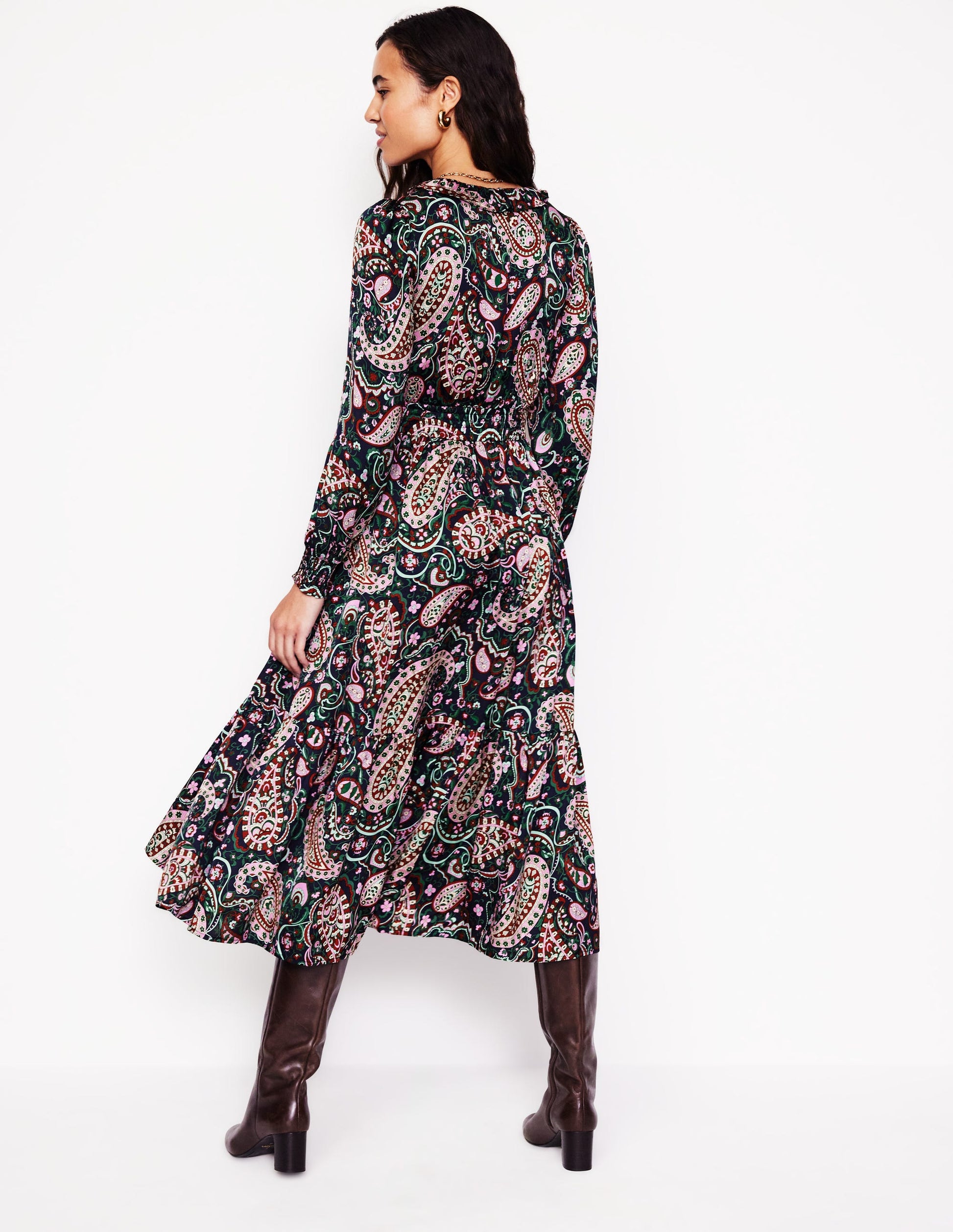 Shirred Ruffle Midi Dress-Mauve Mist, Paisley Paradise-3