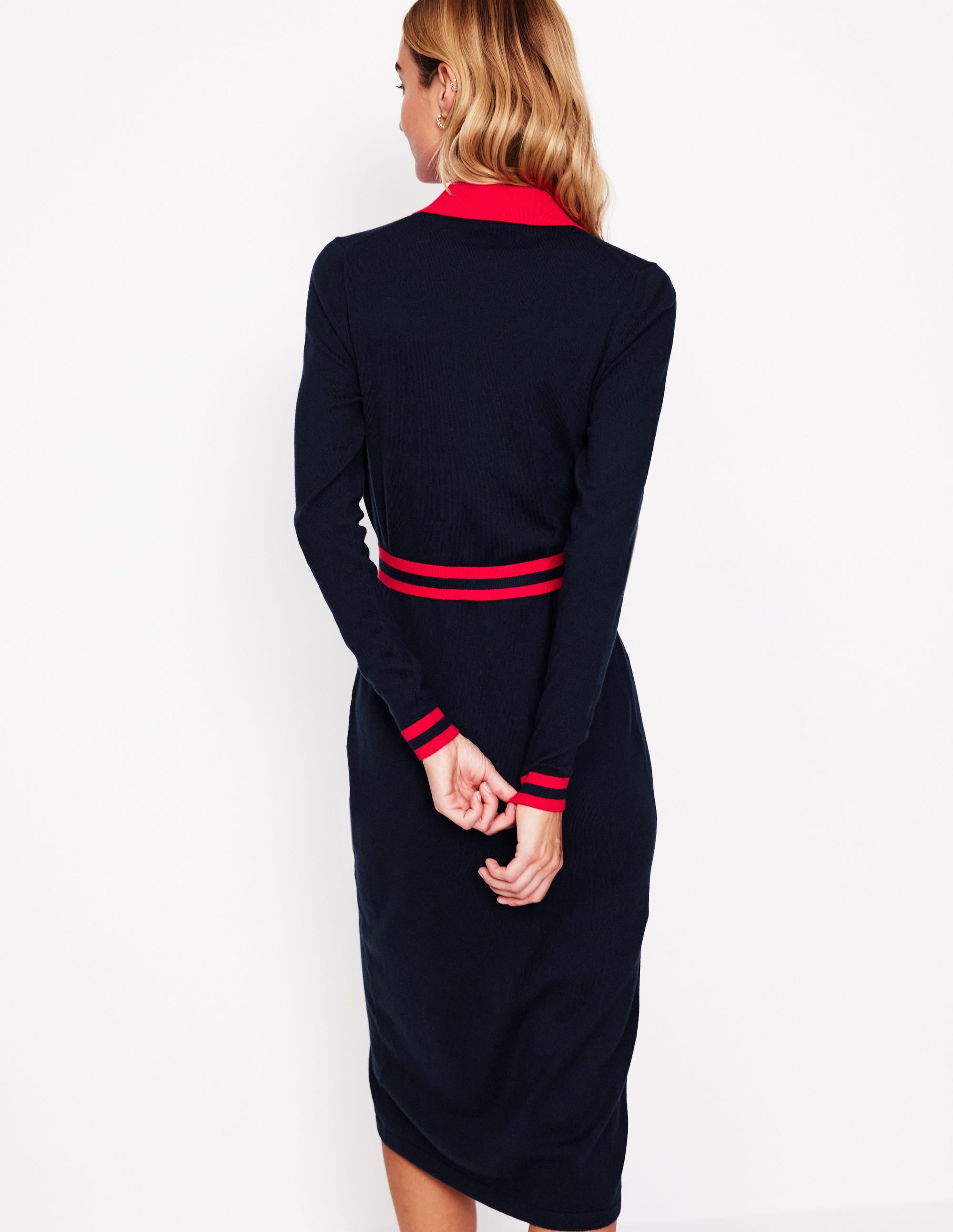 Victoria Knitted Shirt Dress-Navy and Rouge - Image 3