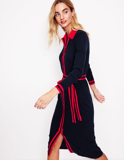 Victoria Knitted Shirt Dress-Navy and Rouge-4