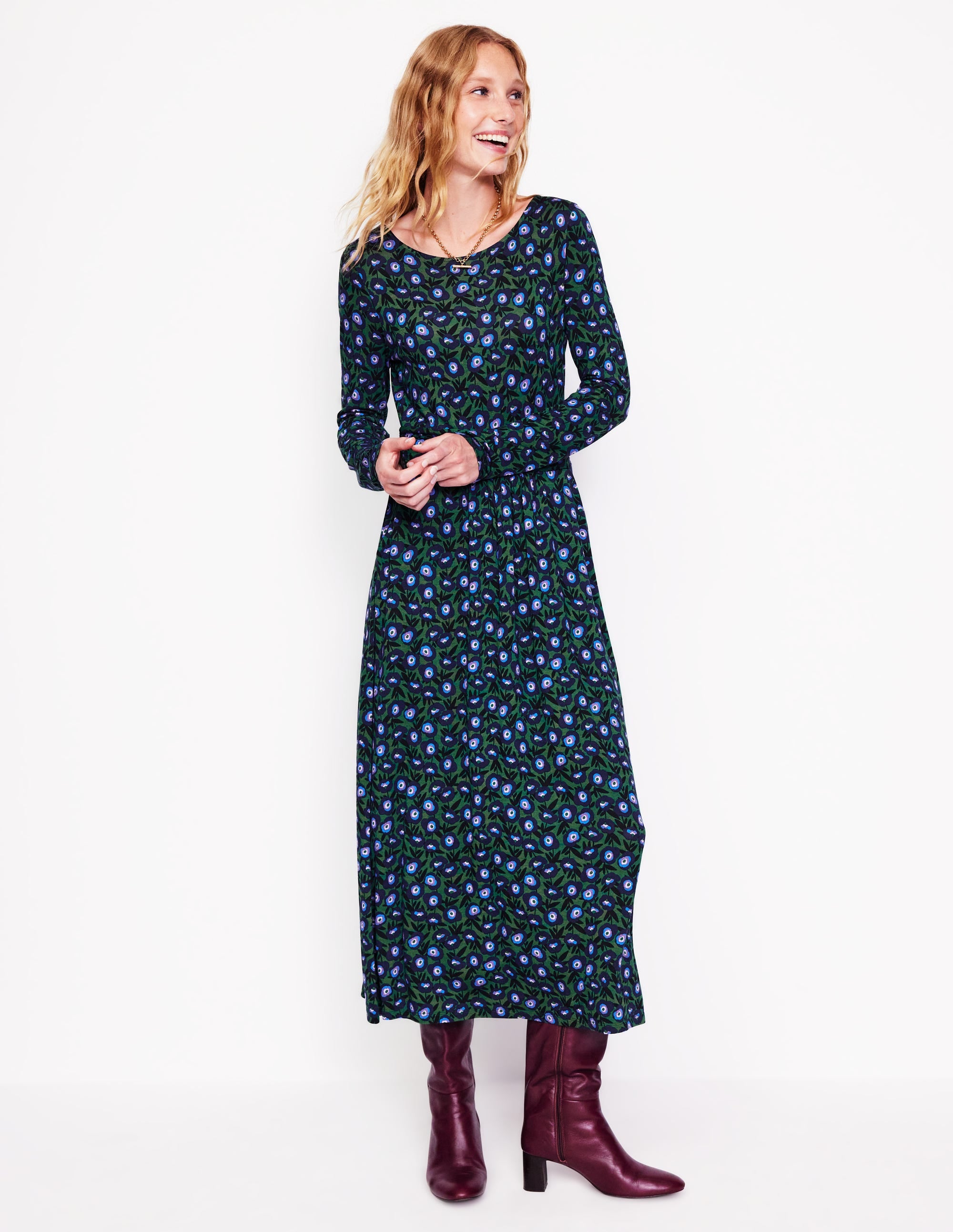 Amelie Long Sleeve Midi Dress-Pine, Pansy Sprig - Image 2
