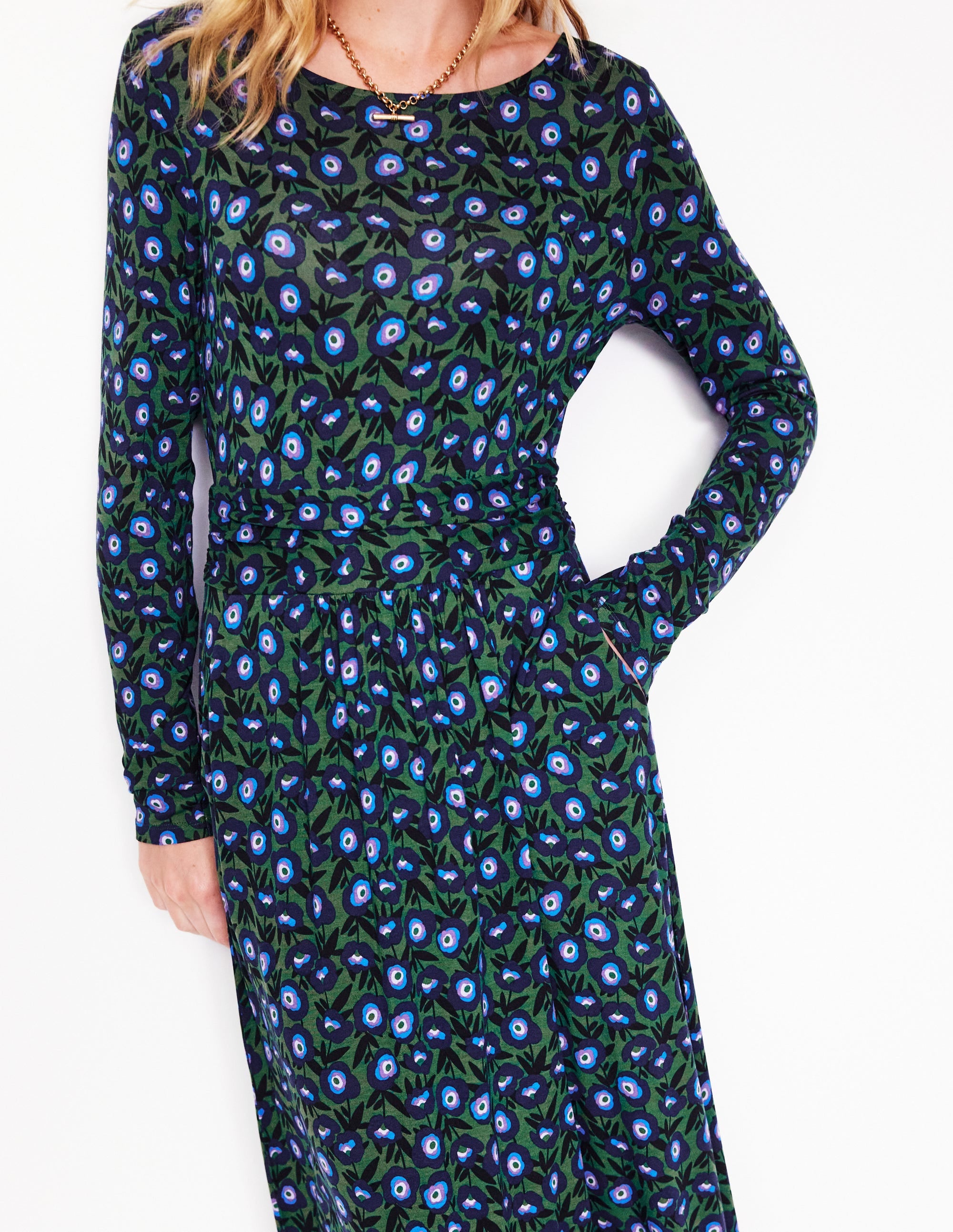 Amelie Long Sleeve Midi Dress-Pine, Pansy Sprig - Image 3