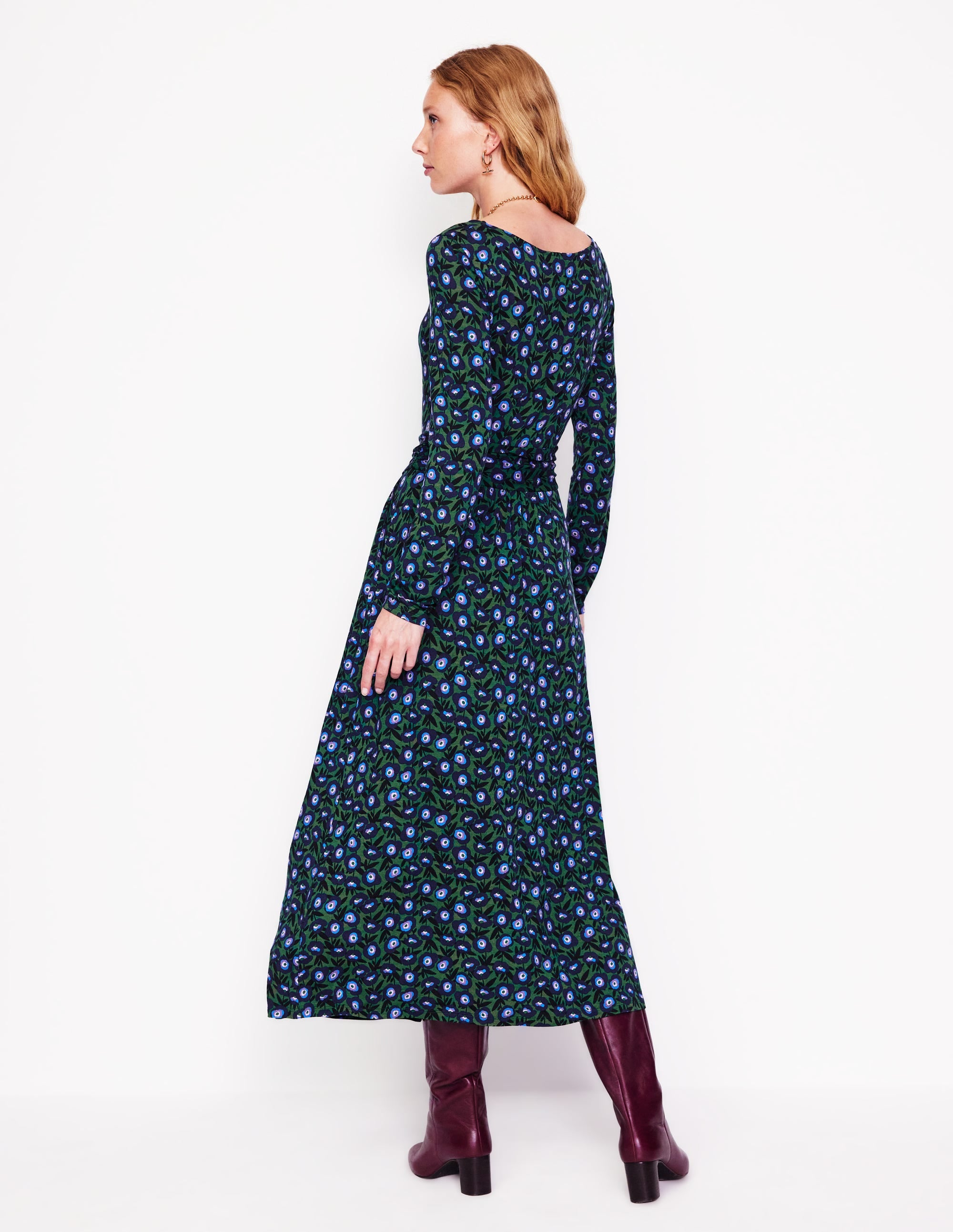 Amelie Long Sleeve Midi Dress-Pine, Pansy Sprig - Image 4