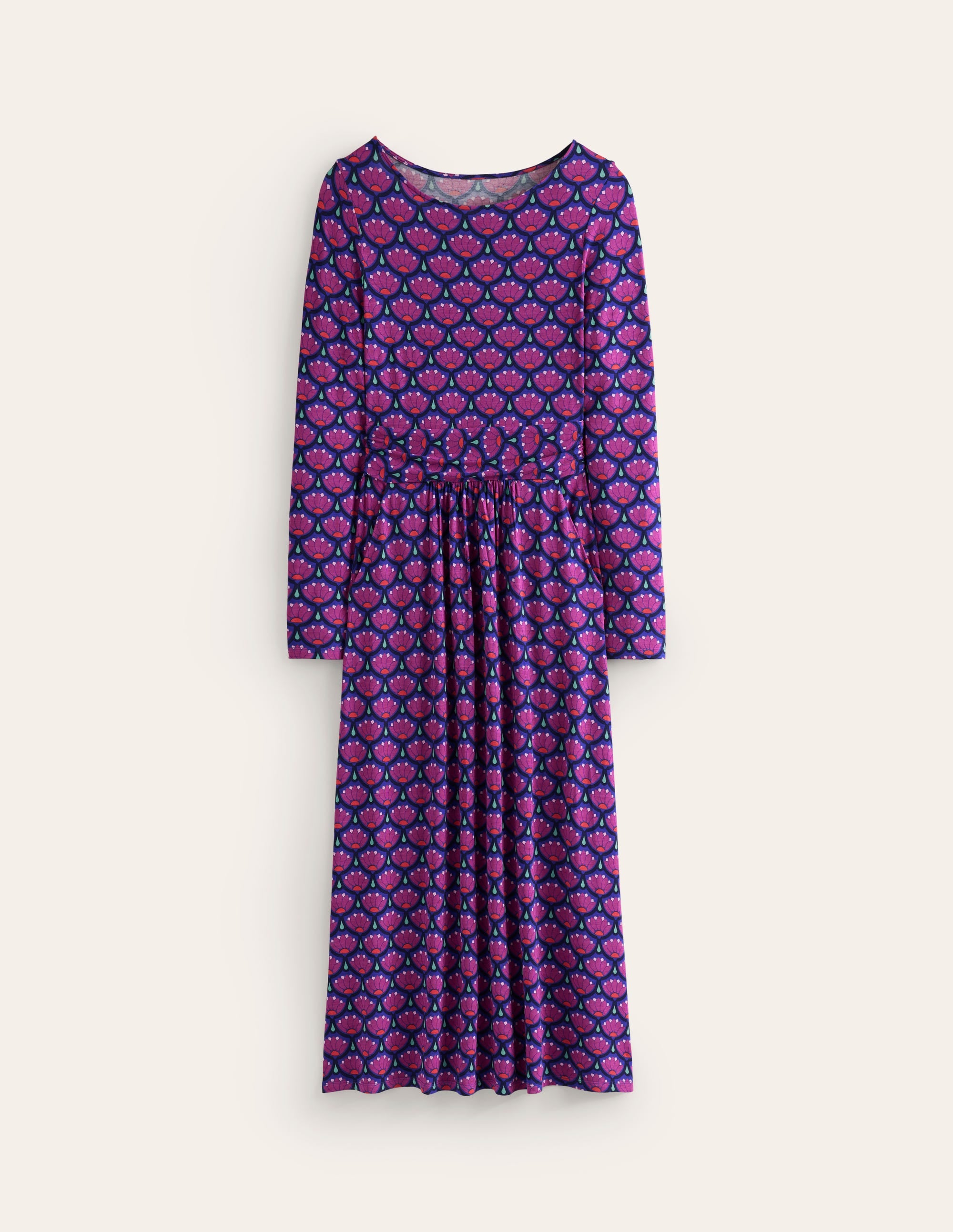 Amelie Long Sleeve Midi Dress-Regal Purple, Lotus Stamp - Image 5