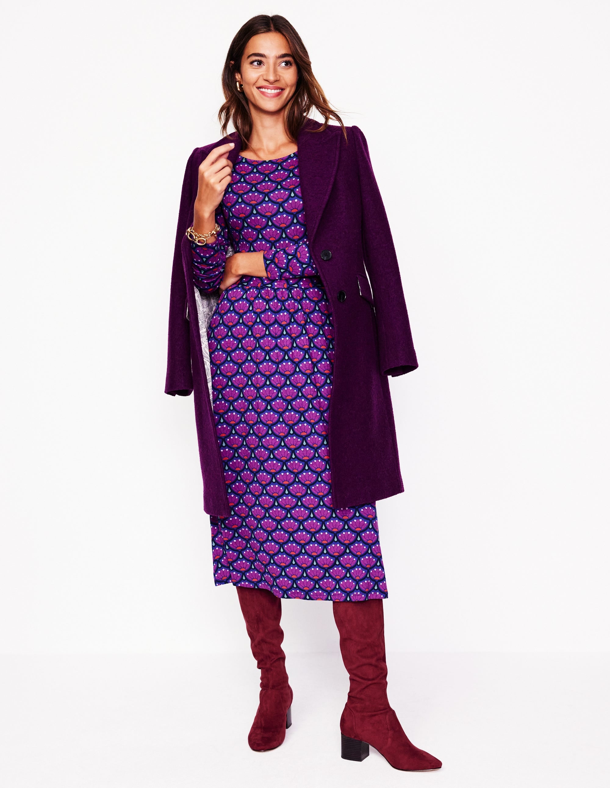 Amelie Long Sleeve Midi Dress-Regal Purple, Lotus Stamp - Image 1