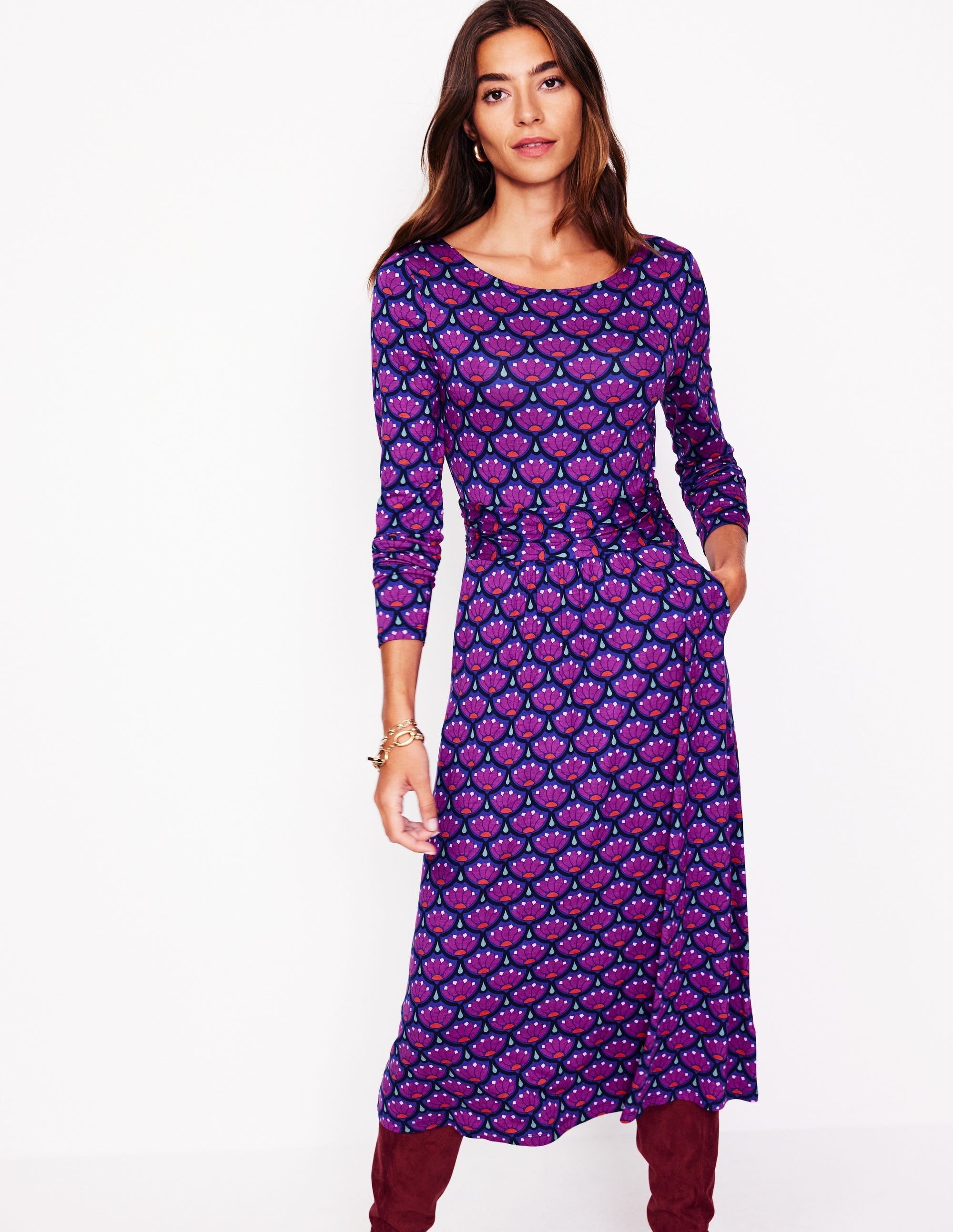 Amelie Long Sleeve Midi Dress-Regal Purple, Lotus Stamp - Image 2