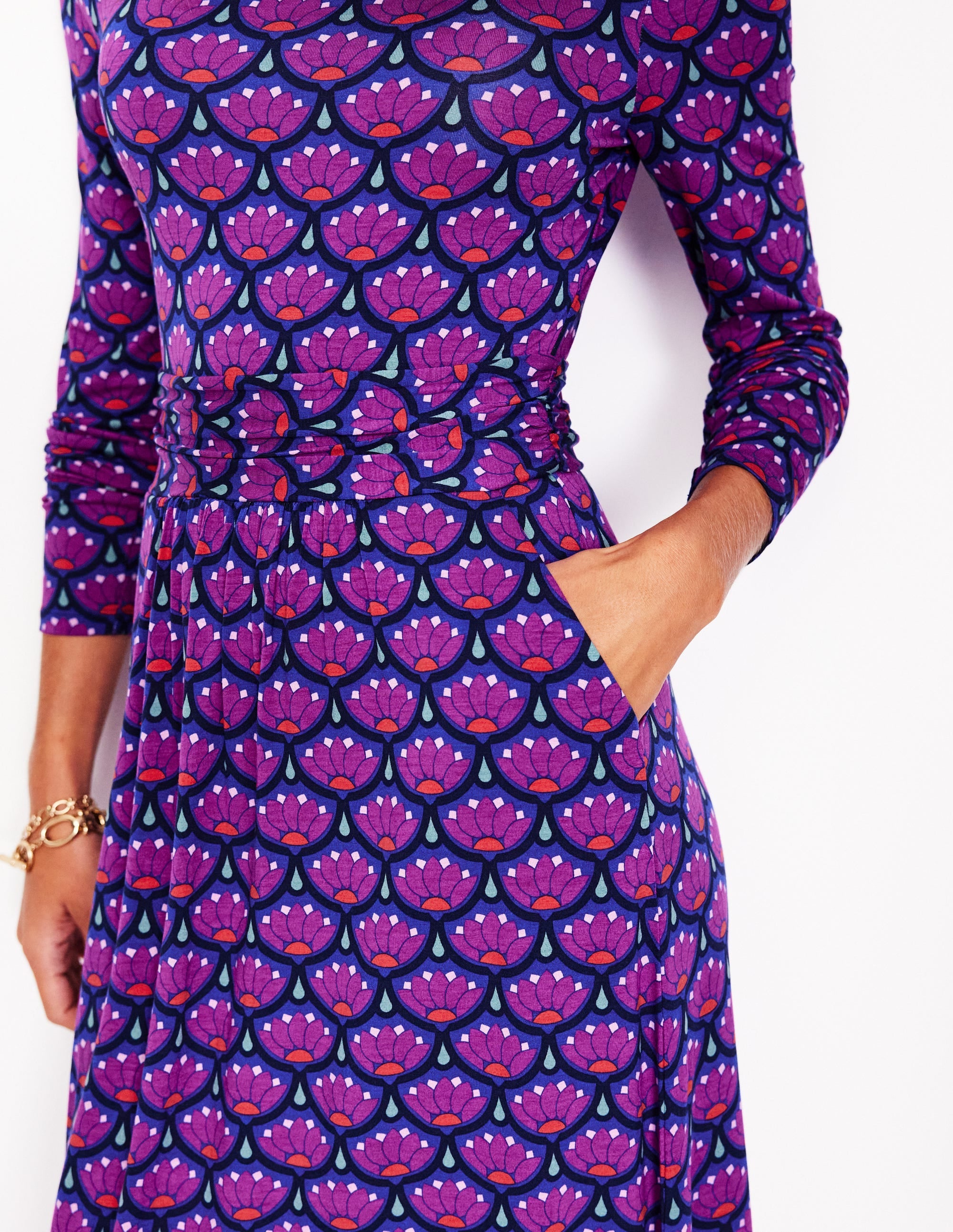 Amelie Long Sleeve Midi Dress-Regal Purple, Lotus Stamp - Image 3