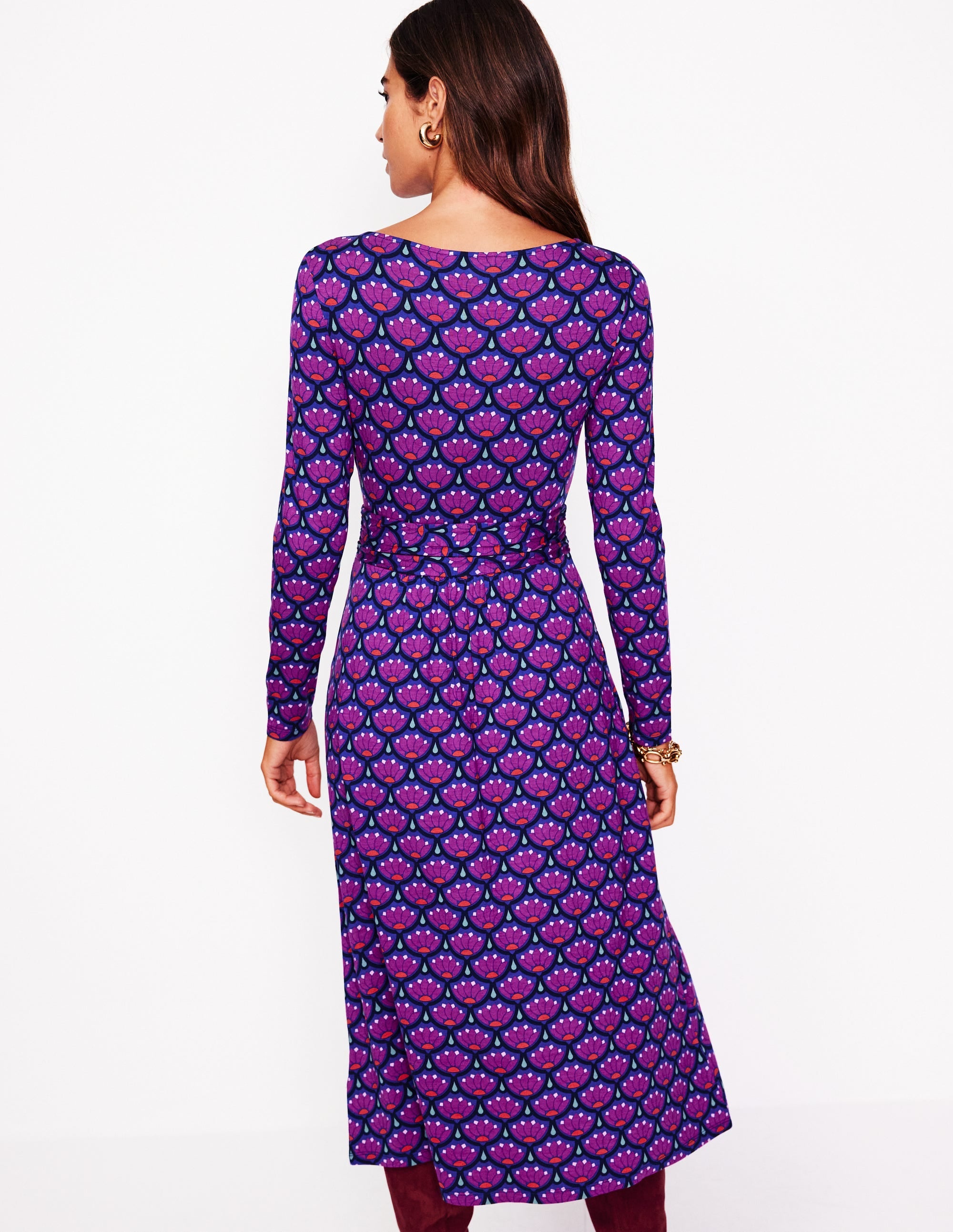 Amelie Long Sleeve Midi Dress-Regal Purple, Lotus Stamp - Image 4