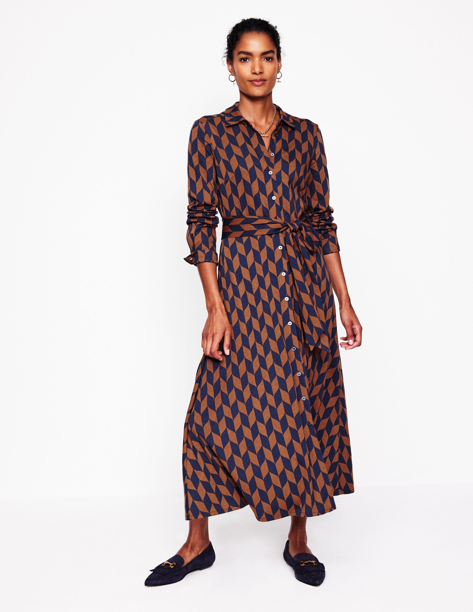 Marcia Jersey Midi Shirt Dress-Cognac, Chevron Swirl - Image 1