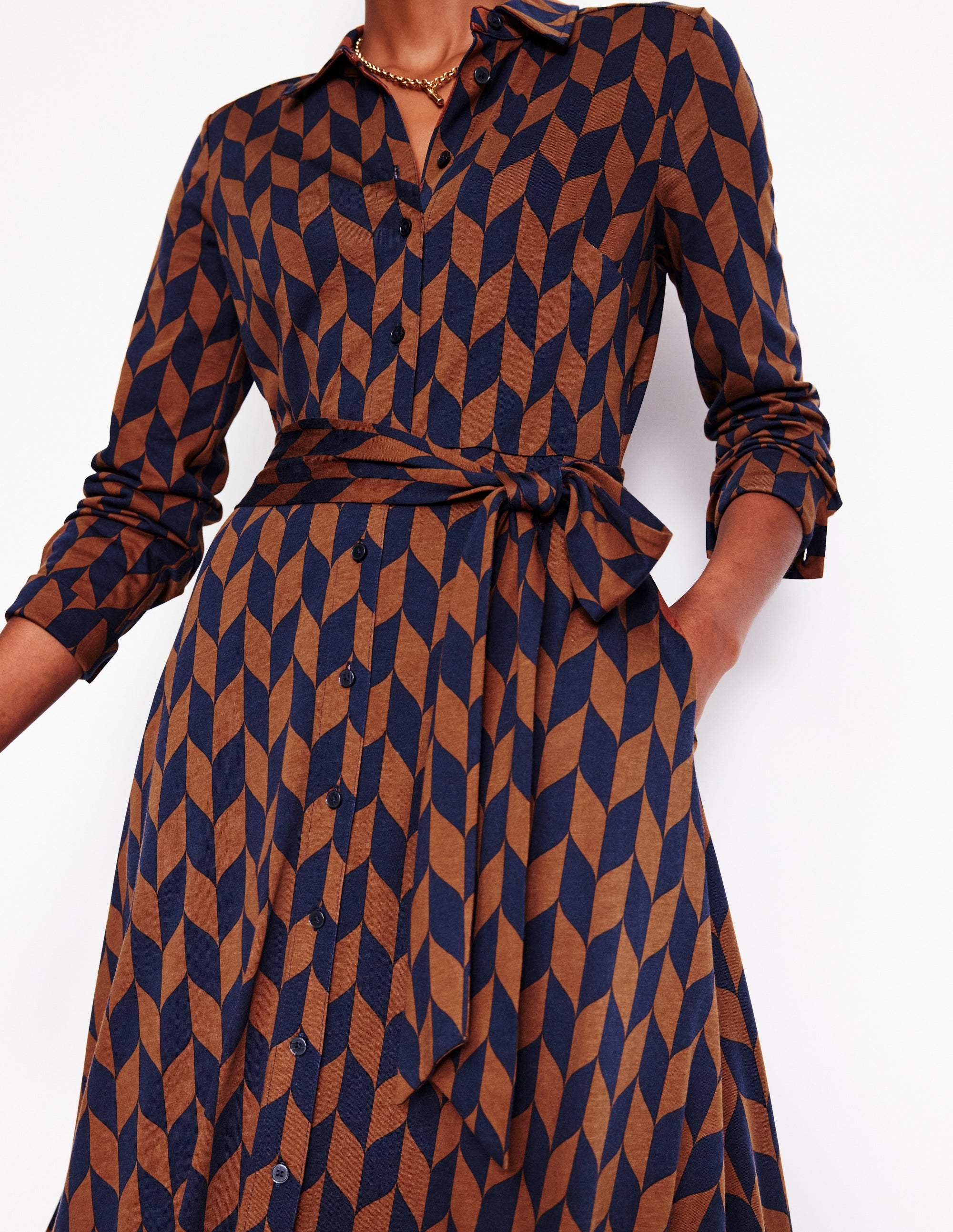 Marcia Jersey Midi Shirt Dress-Cognac, Chevron Swirl - Image 2