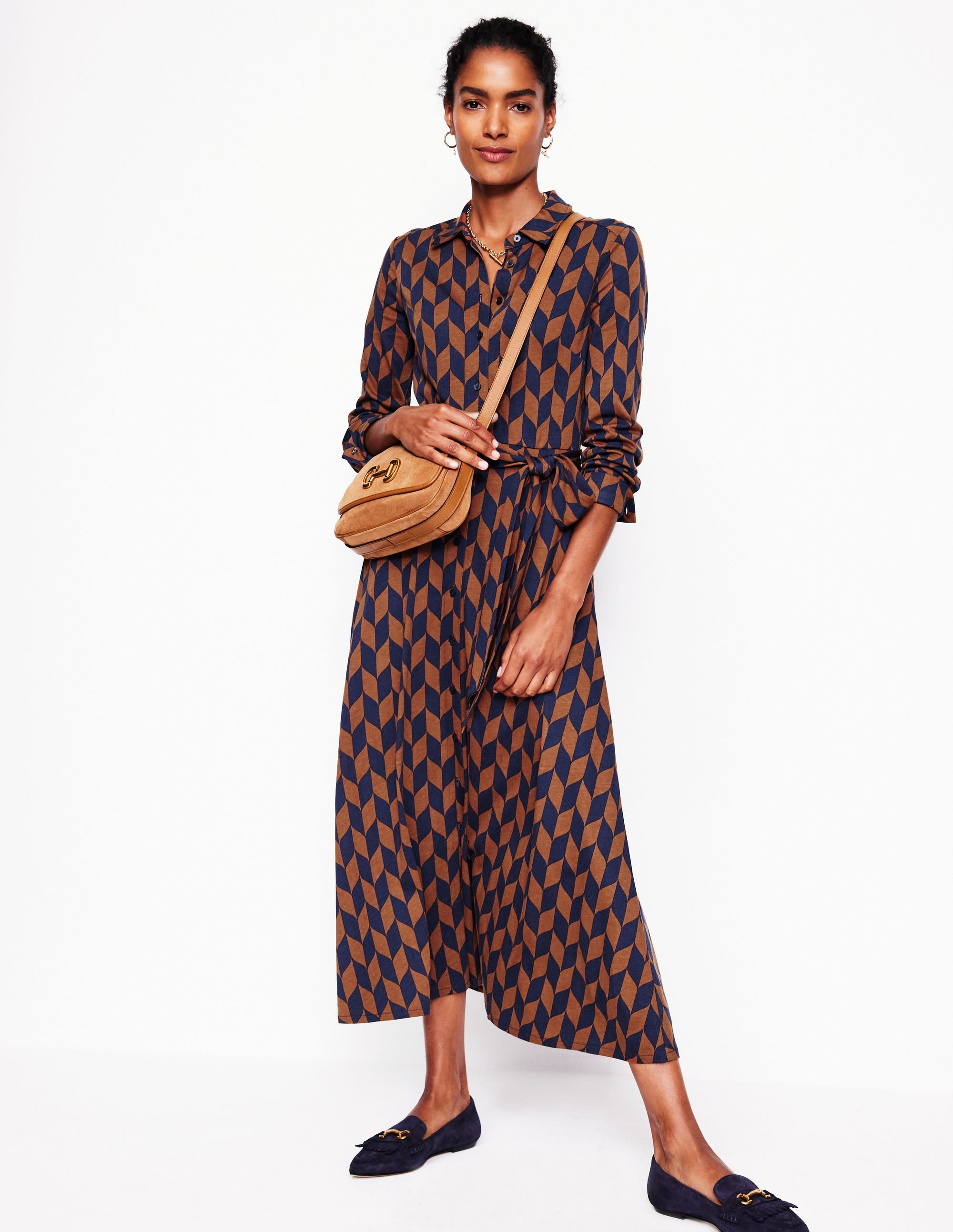 Marcia Jersey Midi Shirt Dress-Cognac, Chevron Swirl - Image 4