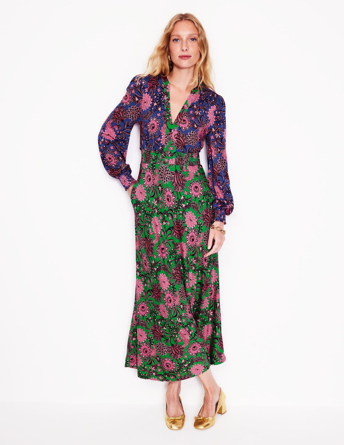 Ivy Smocked Midi Dress-Rich Emerald, Ornate Bud - Image 1