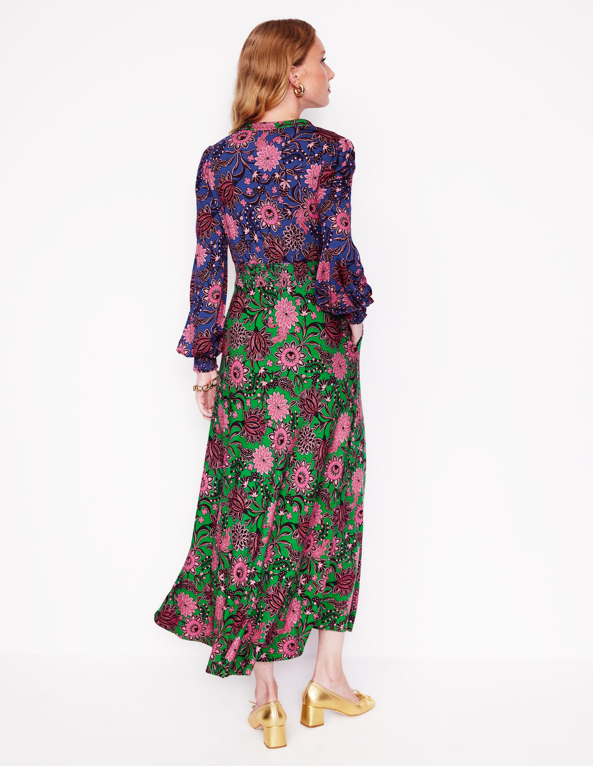 Ivy Smocked Midi Dress-Rich Emerald, Ornate Bud - Image 3