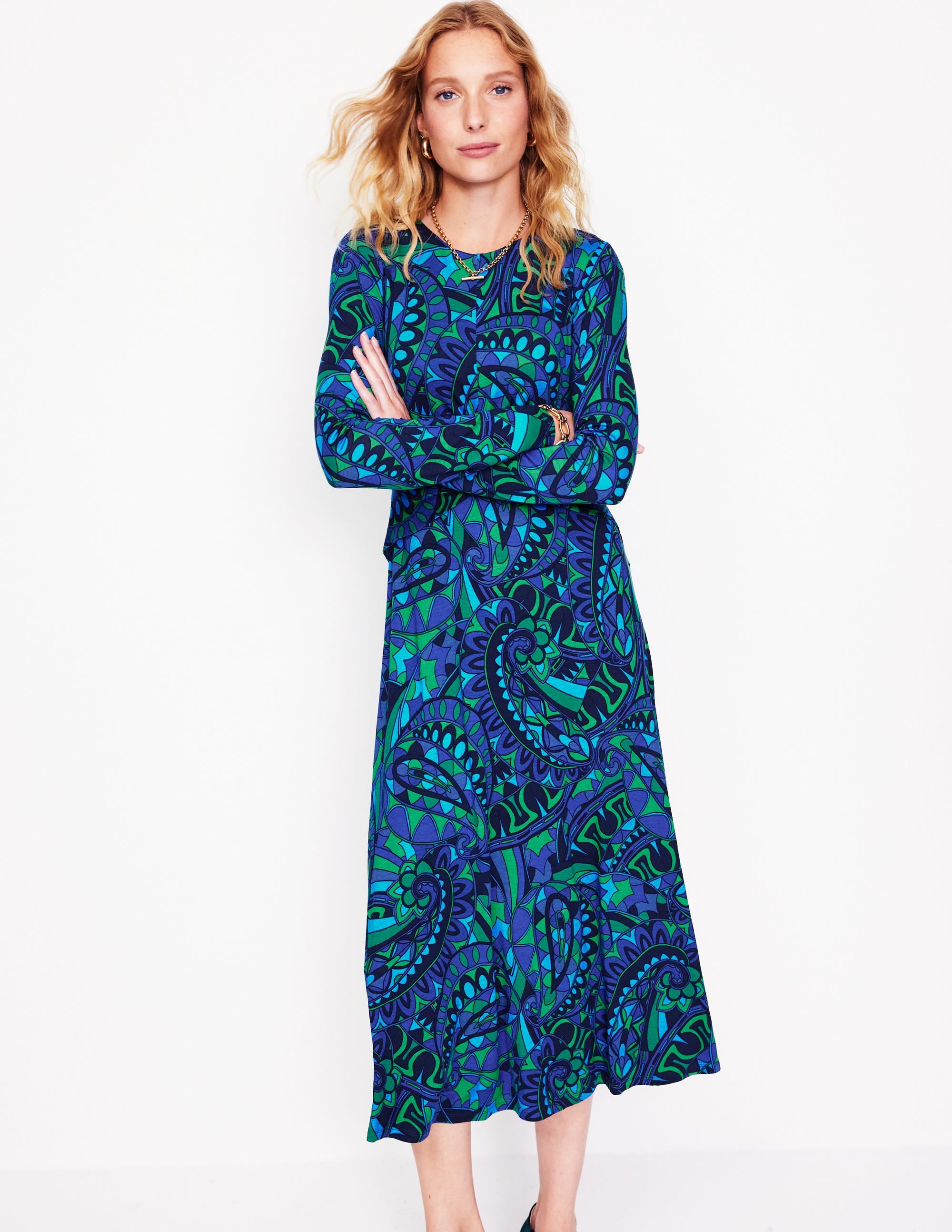 Twisted Waist Jersey Dress-Blue, Kaleidoscopic Paisley - Image 1