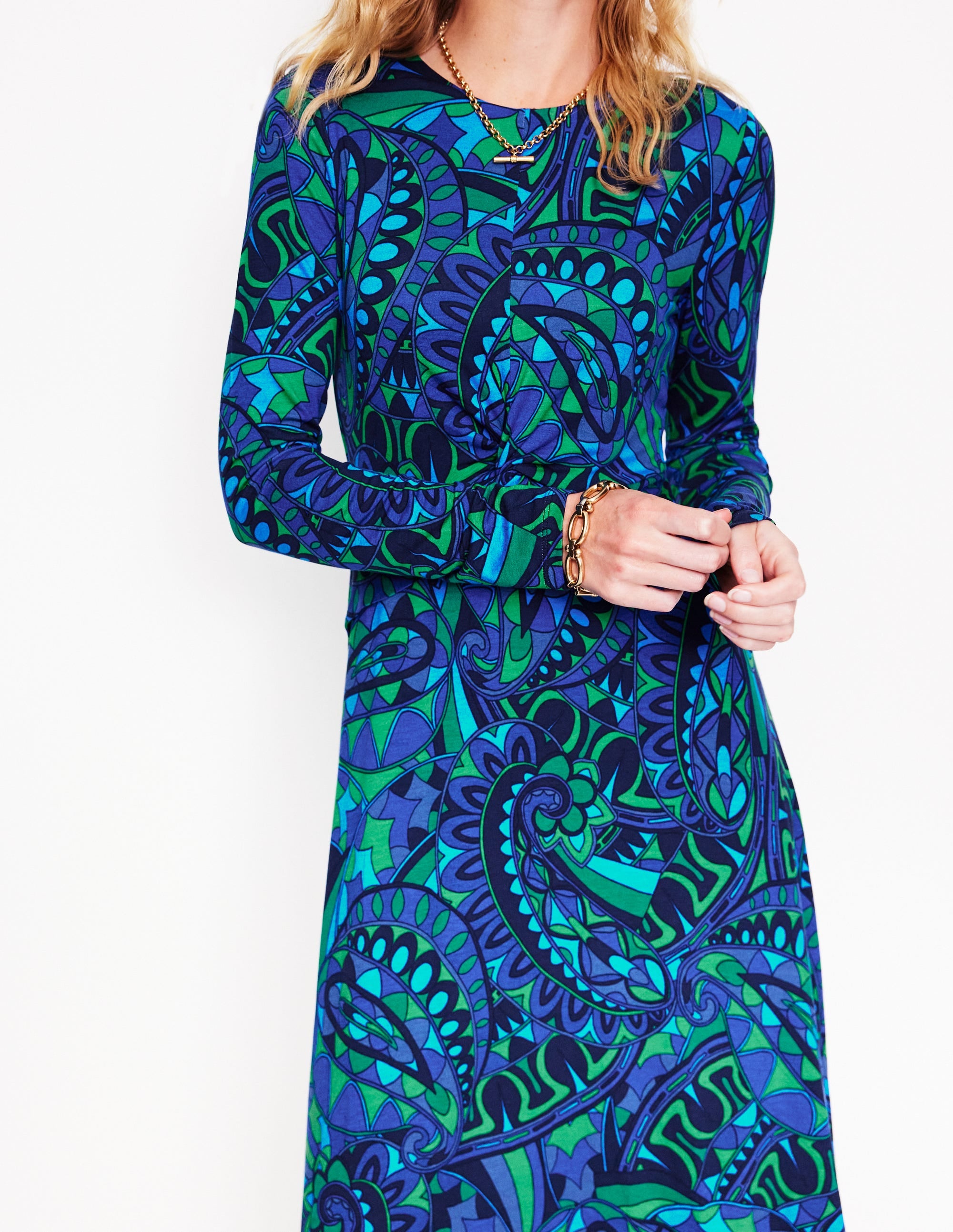 Twisted Waist Jersey Dress-Blue, Kaleidoscopic Paisley - Image 2