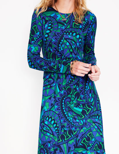 Twisted Waist Jersey Dress-Blue, Kaleidoscopic Paisley-2