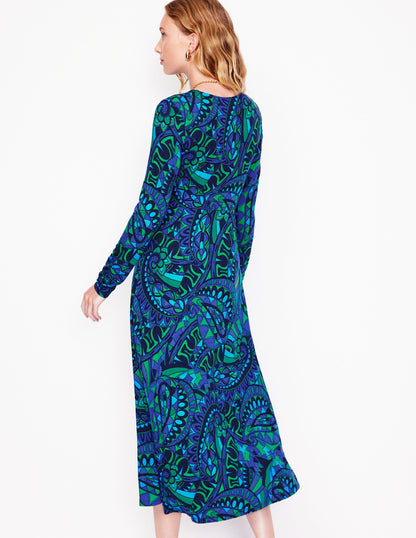Twisted Waist Jersey Dress-Blue, Kaleidoscopic Paisley-3
