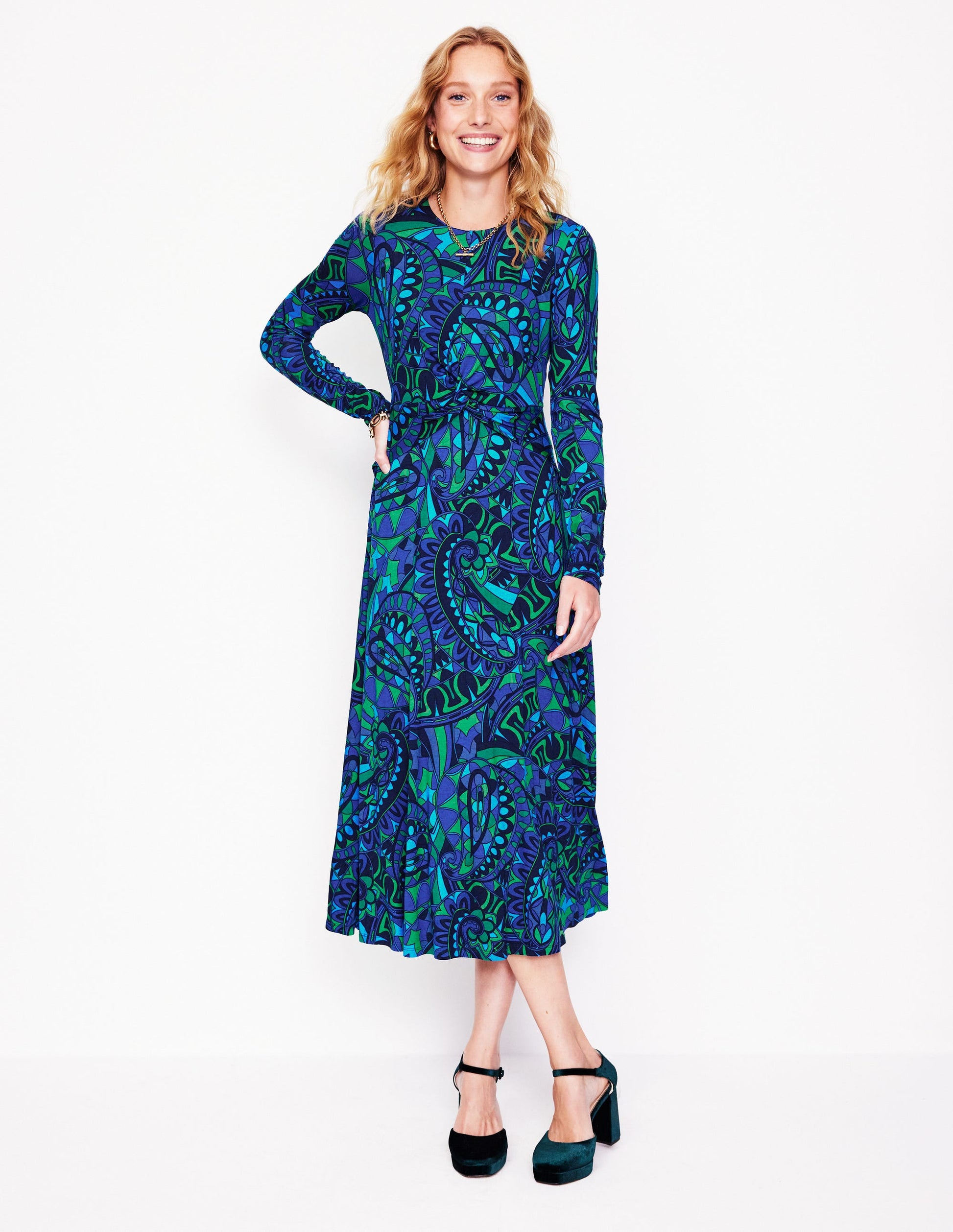Twisted Waist Jersey Dress-Blue, Kaleidoscopic Paisley-4