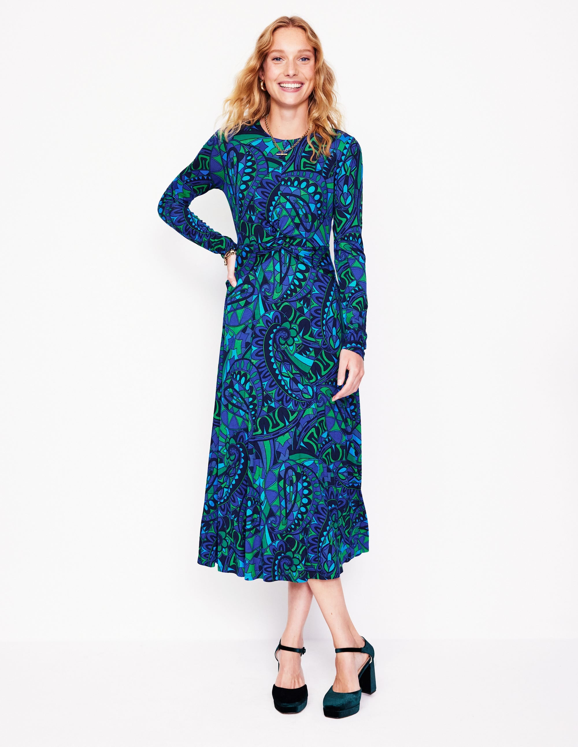 Twisted Waist Jersey Dress-Blue, Kaleidoscopic Paisley - Image 4