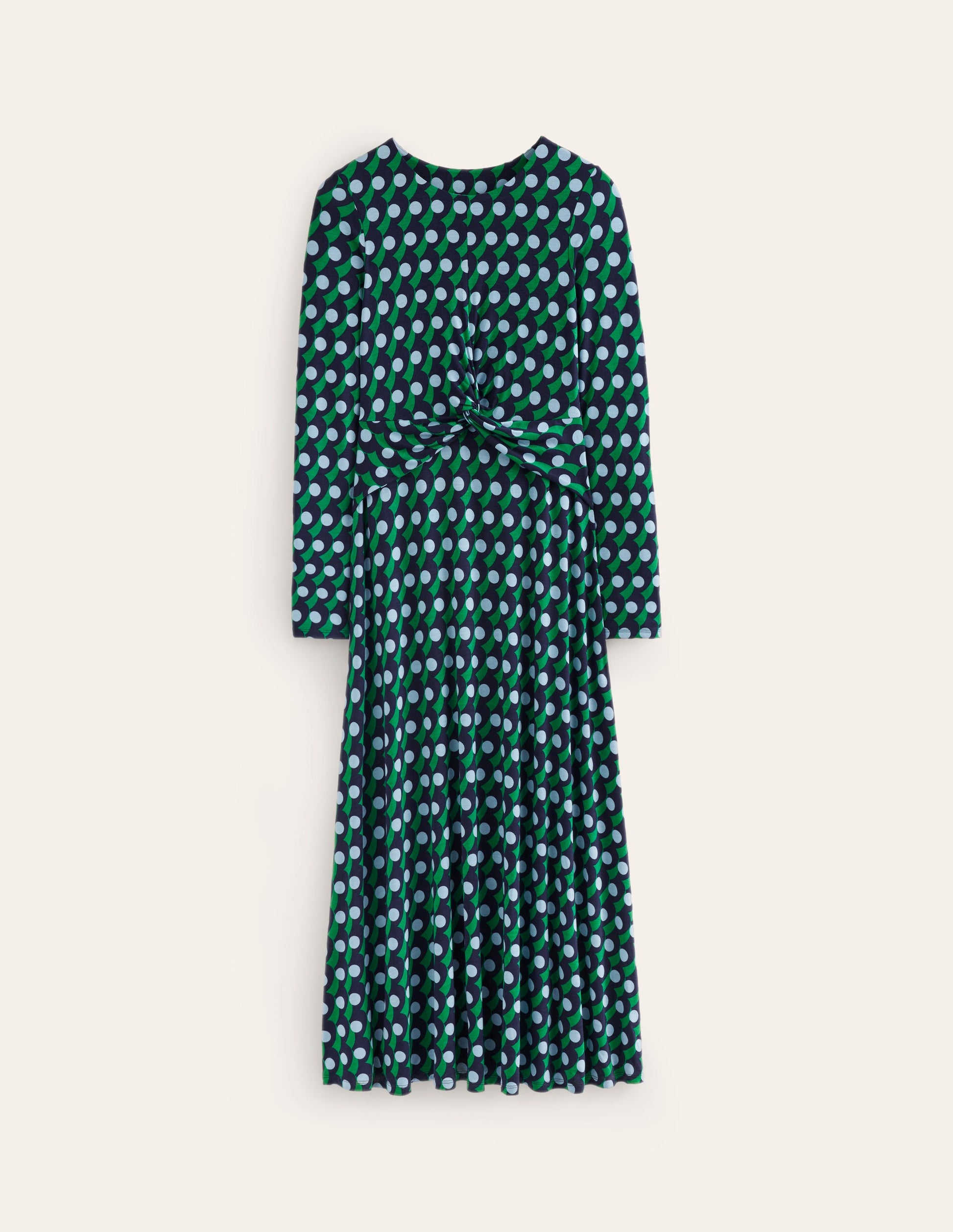 Twisted Waist Jersey Dress-Navy, Polka Wave-6