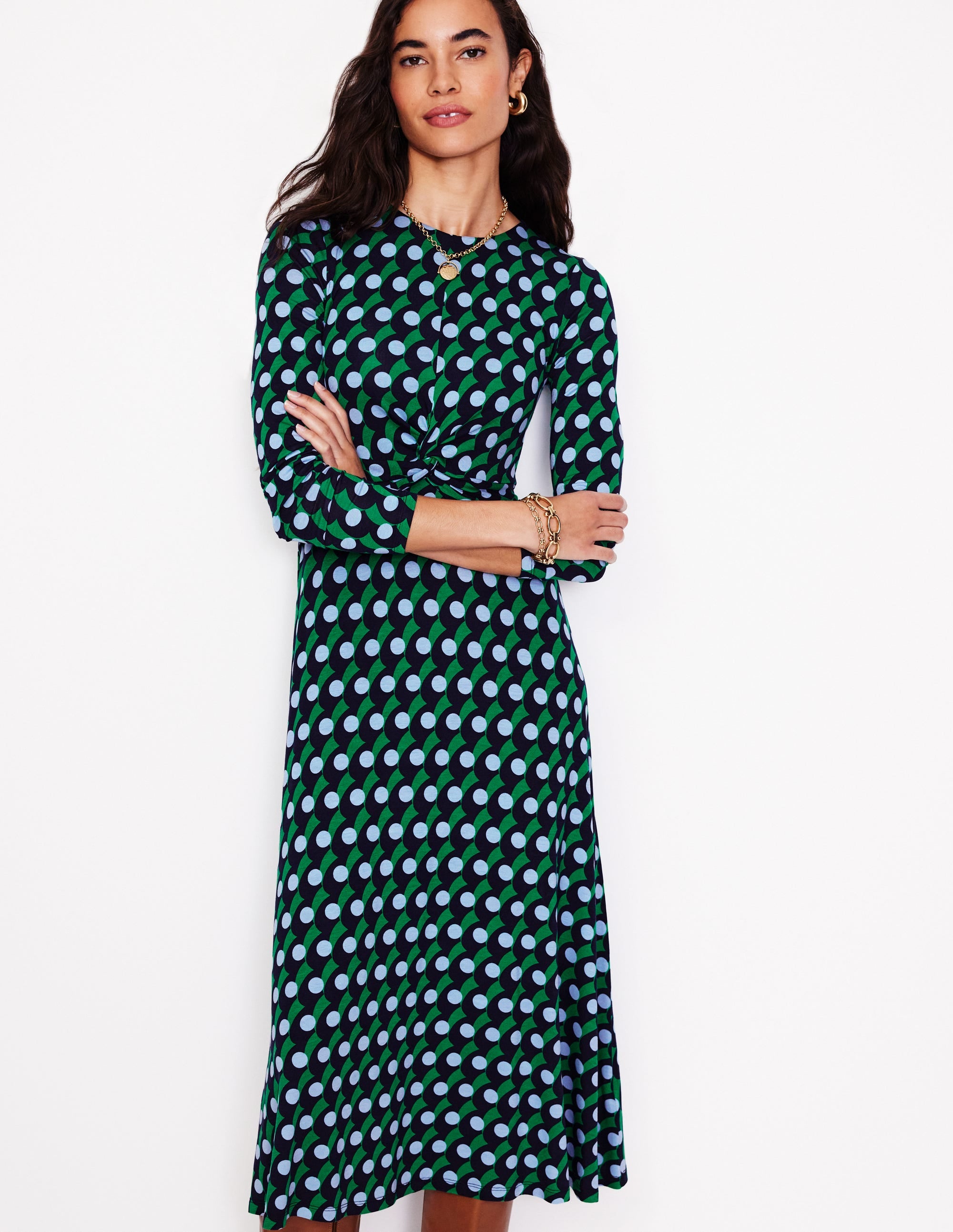 Twisted Waist Jersey Dress-Navy, Polka Wave - Image 1